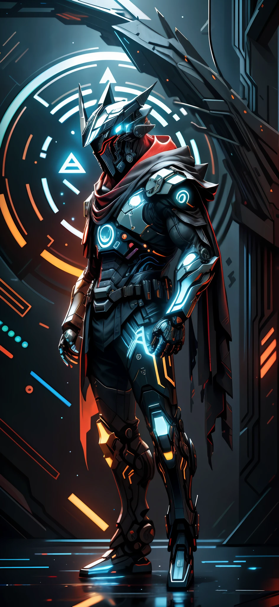 realistic,shiny,reflective,bioluminic, galactic cybernetic mask,mecha,(assassin:1.2),scarf,cloak,sh4g0d,GlowingRunes_red,fullbody,cinemnatic,dark background,backlight,high contrast,