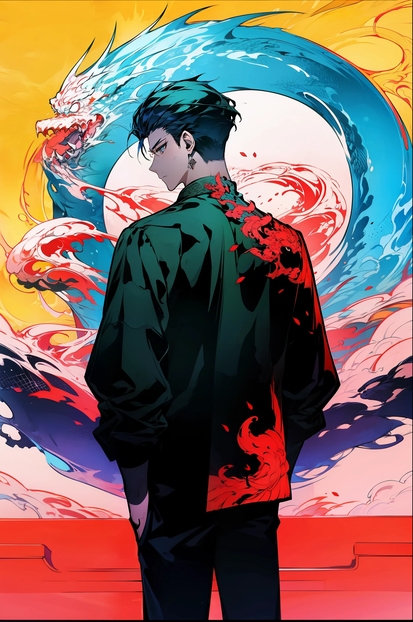 （absurderes，A high resolution，ultra - detailed），1 male，AS-Adult，handsome，Tall cold tall muscular man，a broad shouldered，finely quality eyes，Look up，独奏，The upper part of the body，detailed back ground，详细的脸，Sacred Oracle，Frenzied rage，Hooded，head gear, blue hairs，Dragons，Chu Zihang