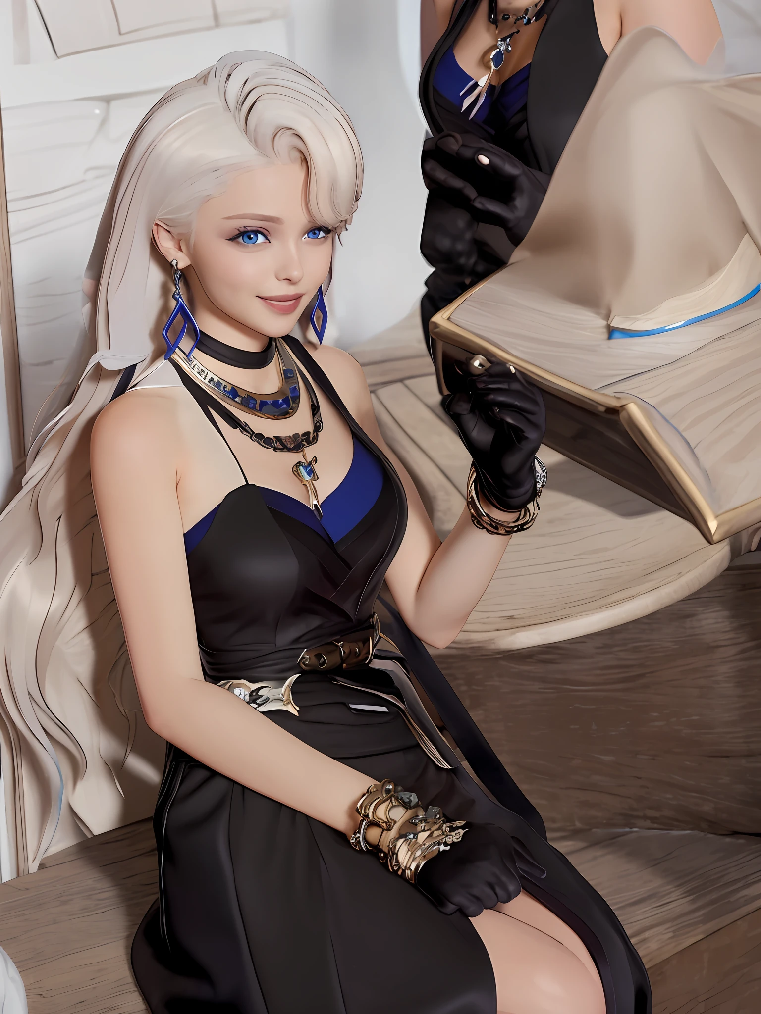 White hair, blue eyes, bangs, long black dress, smile