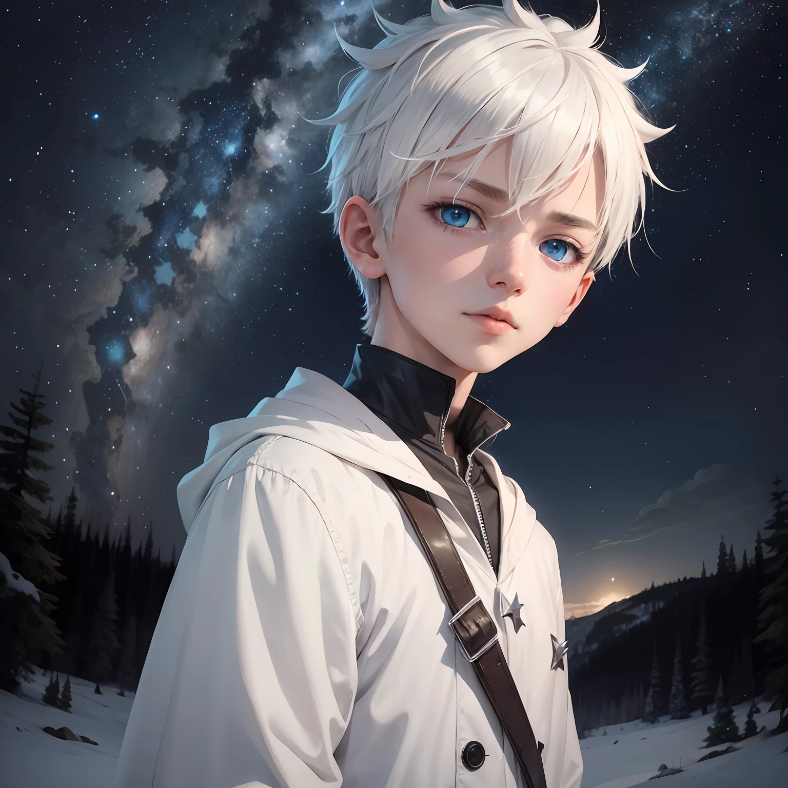White-haired Shota, starry sky , , blue eye, spiky hair