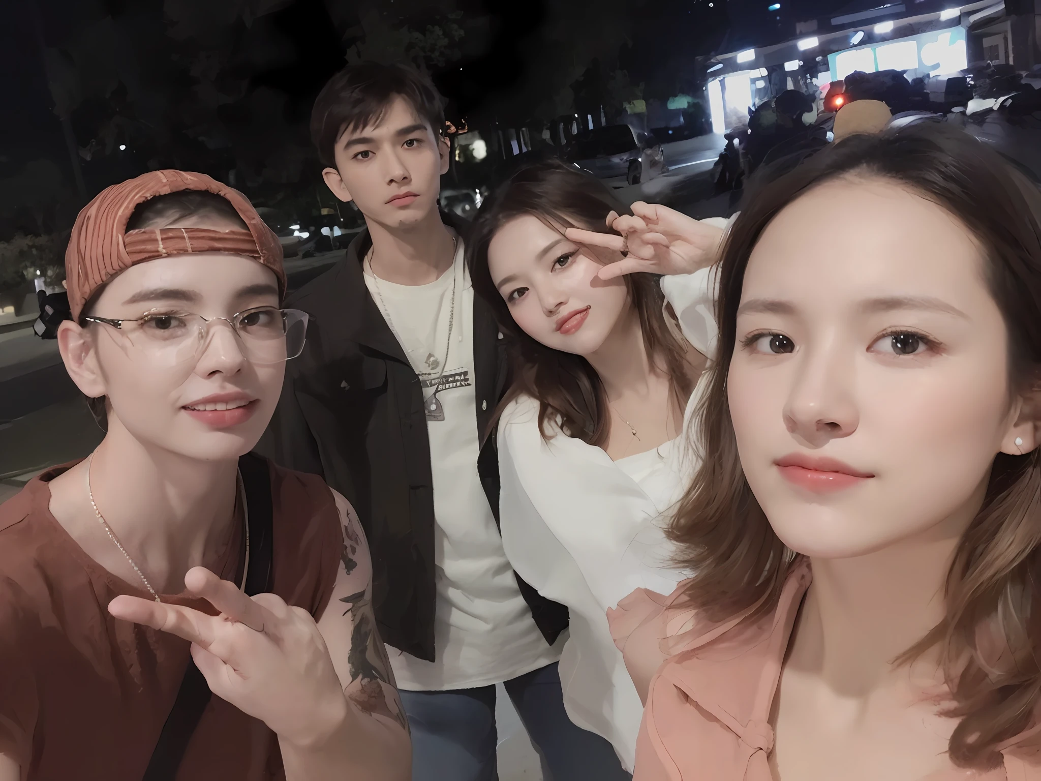 ((Realistic lighting, Best quality, 8K, Masterpiece: 1.3)), Clear focus: 1.2, 1girl, Perfect Figure: 1.4, Slim Abs: 1.1, ((Dark brown hair)), (White crop top: 1.4), (Outdoor, Night: 1.1), City streets, Super fine face, Fine eyes, Double eyelids,