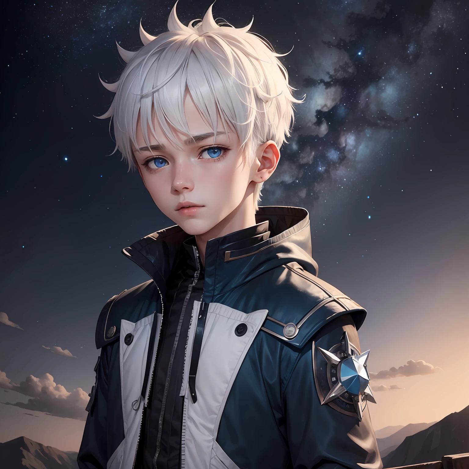 White-haired Shota, starry sky , 15 yo, blue eye, spiky hair
