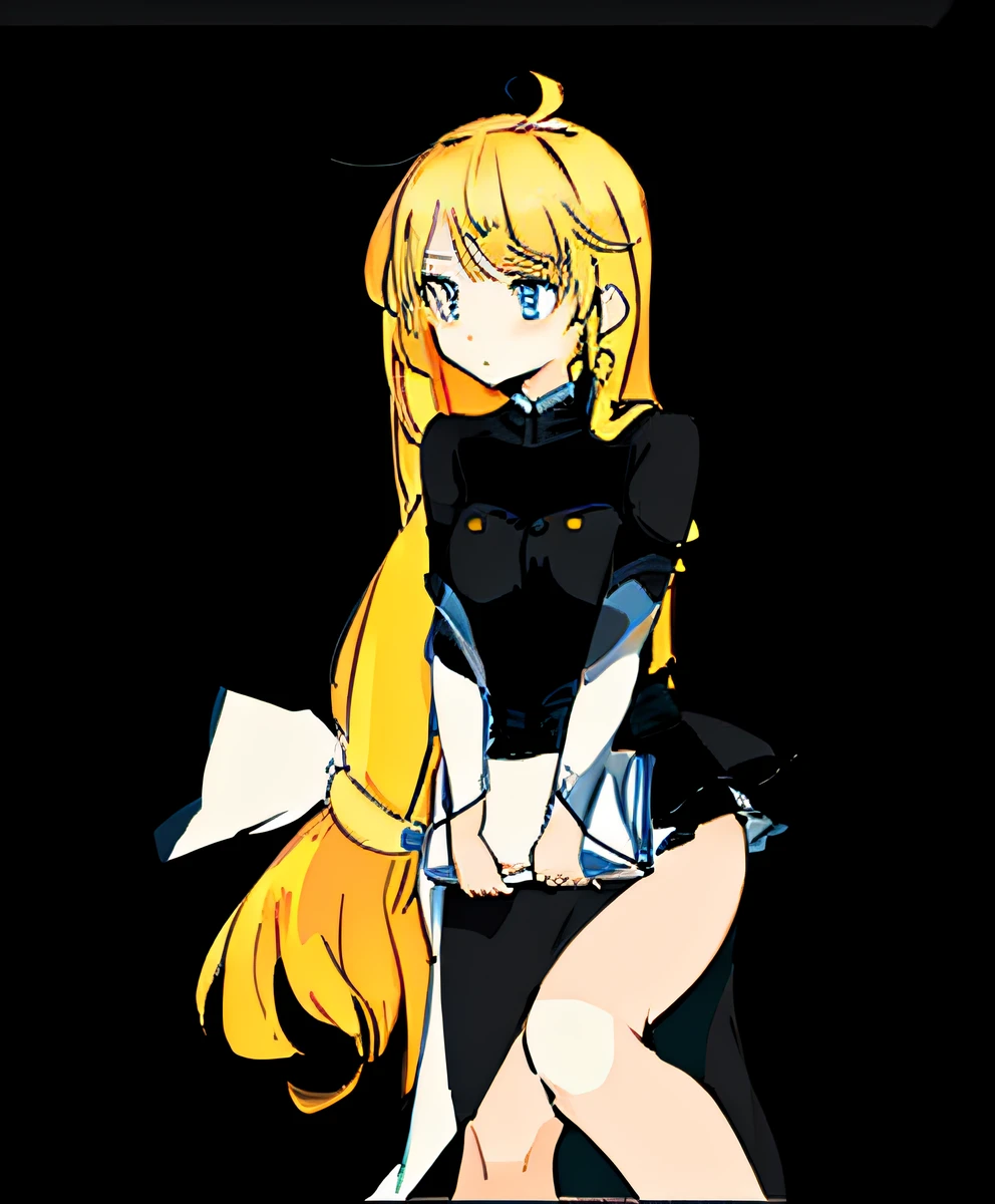 a drawing of a woman with long hair and a dress, clean anime outlines, thick lineart, clean lineart, thick black lineart, holding a pudica pose, hands behind her body pose!, flat anime style shading, thick outline, perfect lineart, Simple lines of art, thick line art, Outlined!!!, thick outline, Outline sketch, anime sketch，blond hairbl