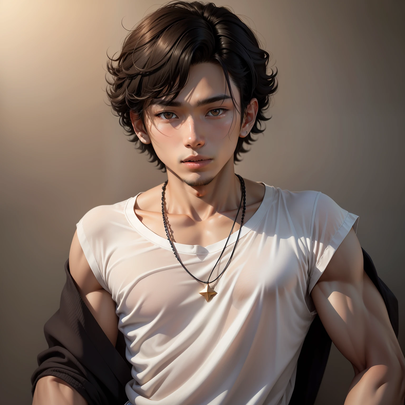 18-year-old Japanese boy，Stand in front of the window，Black curly hair，Childish face and，Loose T-shirt，Slim physique，No muscles。The skin has detailed and highly detailed eyes（1.1 emphasis），Very detailed skin texture（1.1 emphasis）。Elongated necklace，Japanese male star style，realisticlying，skin texture is real human skin texture，Detailed Skin Pore，Complicated details，The eyes are very detailed，Pursing his lips dullly