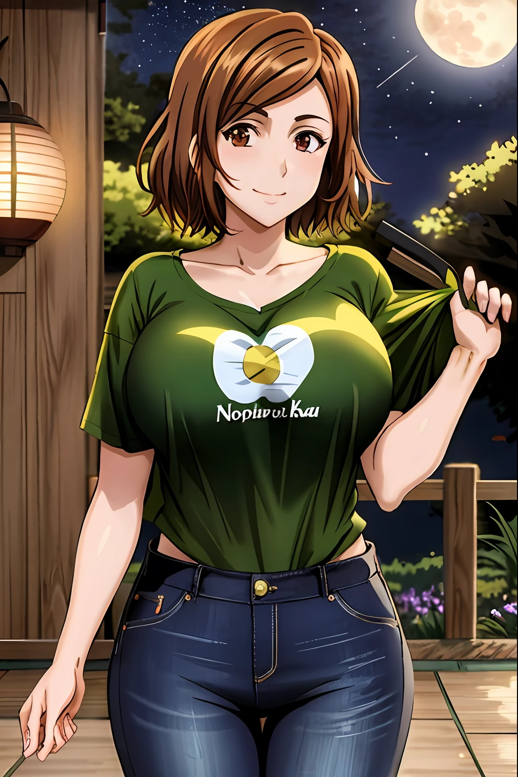 nobara, 1girl, anime style, beautiful hair, breasts, closed mouth, big breasts, looking at viewer, brown eyes, smiling, solo, full body, beautiful background, ((masterpiece)), night, stars, moon, glowing eyes, anime style, beautiful green t-shirt, jeans