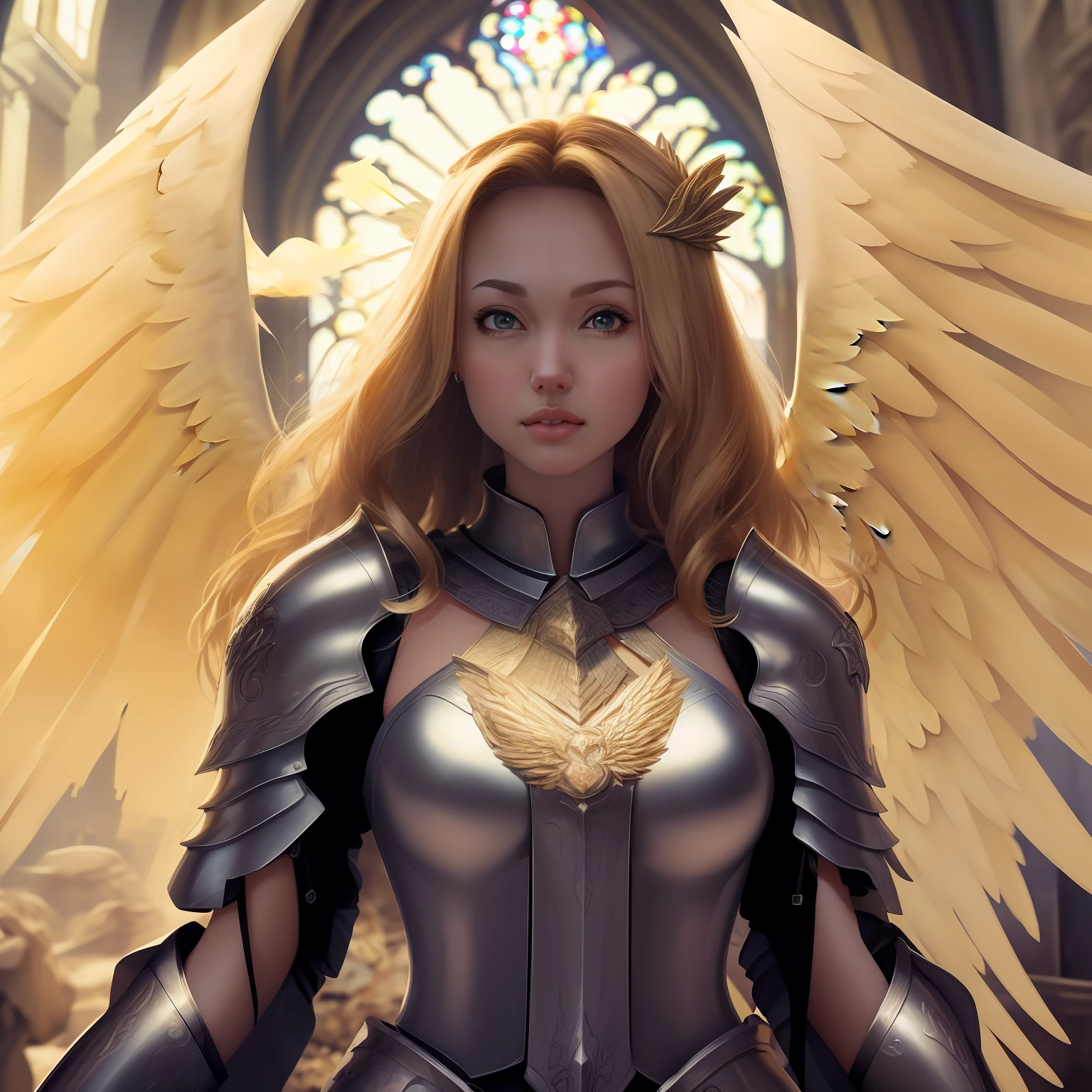 Ultra Realistic, full body, detailed face, lovely facial features, female archangel, scratched silver armor, runes, full body armor, large pouting lips, runic carvings, rim-lit, halo, magic, dirty battered armor, white skirt, detailed texture, atmospheric, light mode, larger golden wings, heavenly light background, in a church, golden glow, unstoppable, beautiful Madison Iseman, UHD, 8K, extremely detailed, photography, photorealism, natural light, masterpiece, best quality, amazing, intricate, highly detailed, sharp focus, cinematic,