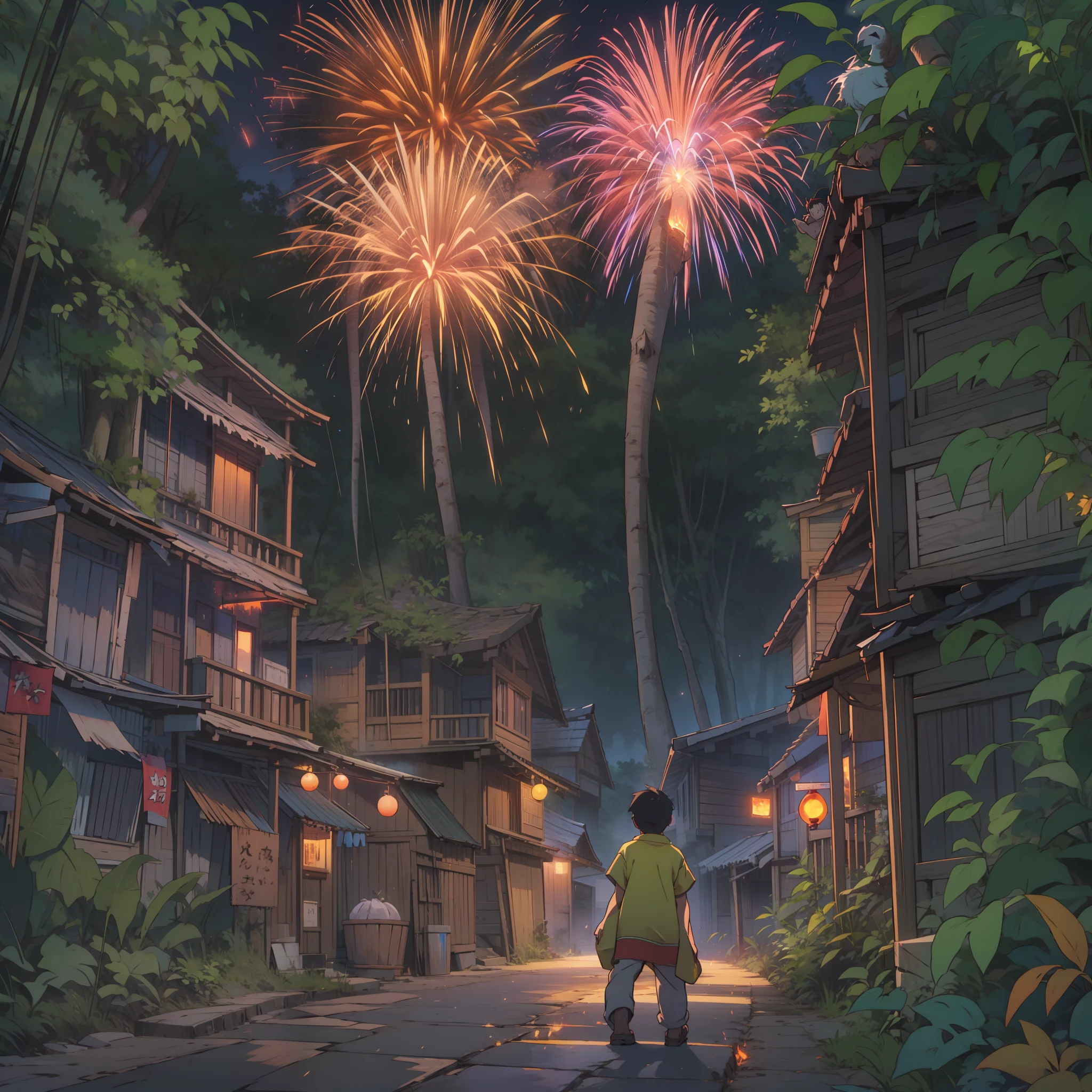 On a summer night，fire works，alleys，jungles，A boy with