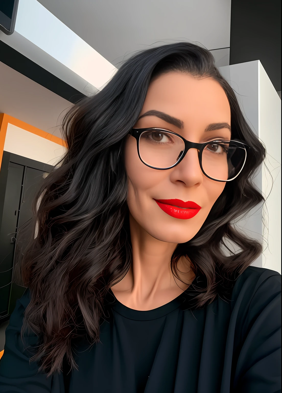 there is a woman with glasses and a black shirt posing for a picture, Directed by: Nandor Soldier, foto de perfil headshot, foto de perfil profissional, imagem de perfil, wavy long black hair and glasses, Valentina Embaralhamento, imagem frontal, Mulher de 30 anos, 3 0 anos de idade mulher, imagem do avatar, Alanis Guillen, red lips