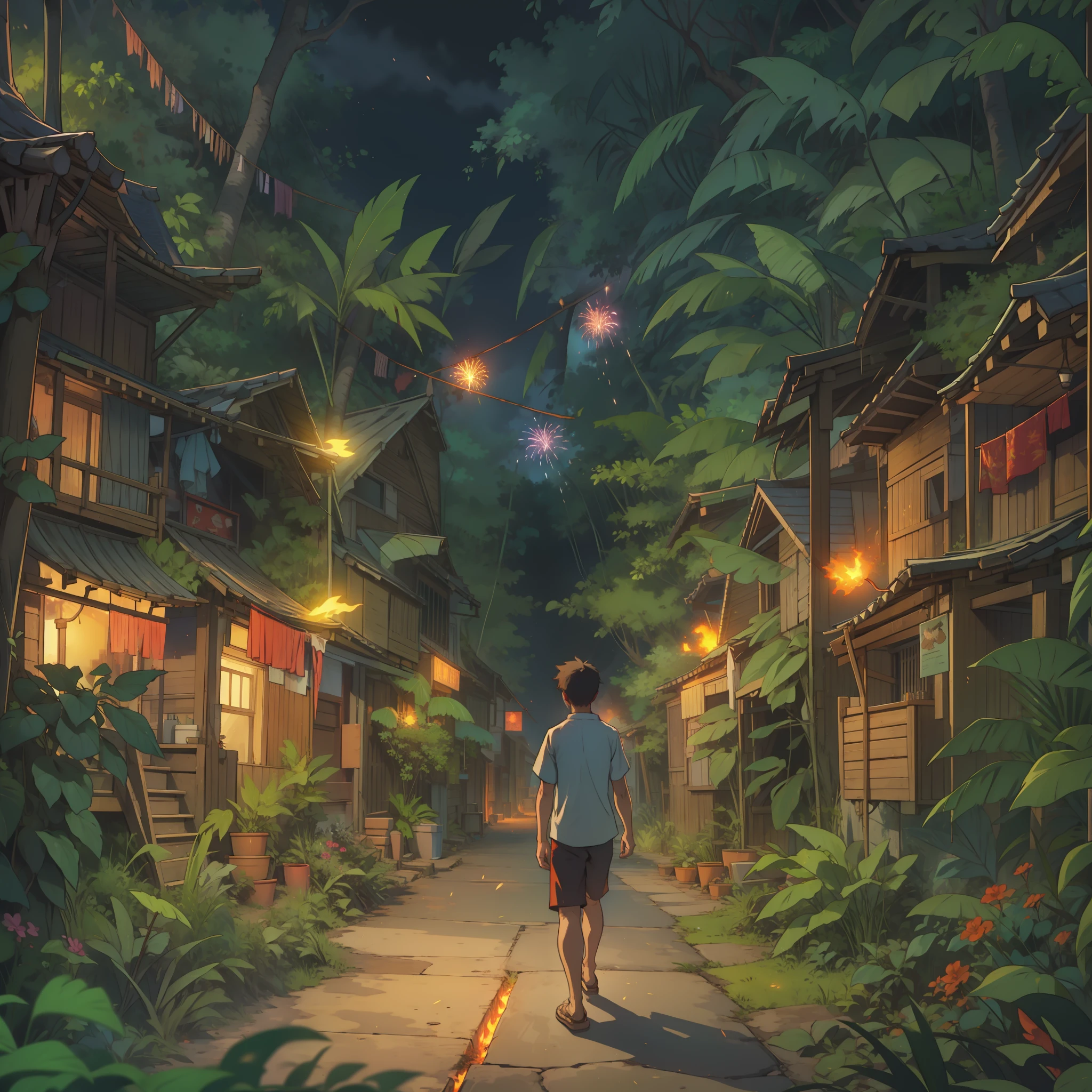 On a summer night,fire works,alleys,jungles,A boy with