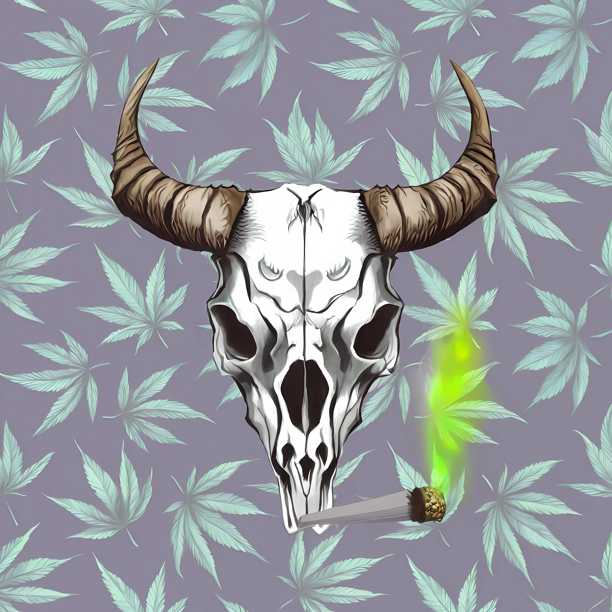 There is a horned skull and a cigarette in front of a pattern of marijuana leaves, fundo da erva daninha, fumar maconha, erva daninha, Stoner, marijuana smoke, projeto da chifres exuberantes, Joints, colorful illustration for tattoo, personification of marijuana, Cannabis, sharp high quality artwork, paranoia da Cannabis, with an animal skull for a head, Tema Maconha, transparent smoke from hell