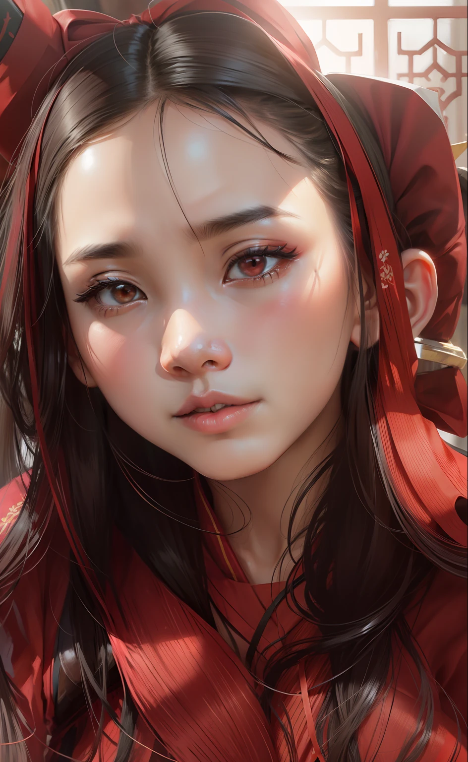 Pretty, asian, red ribbon, standing, full boduy shots