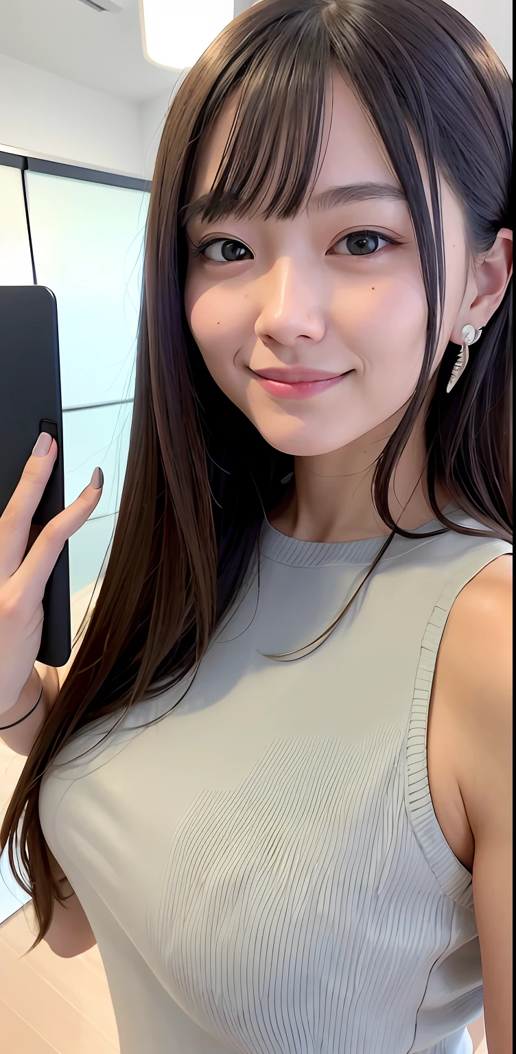 Masterpiece, 1 Beautiful Girl, Detailed, Swollen Eyes, Top Quality, Ultra High Resolution, (Reality: 1.4), Original Photo, 1Girl, Cinematic Lighting, Smiling, Japanese, Asian Beauty, Korean, Clean, Super Beautiful, Little Young Face, Beautiful Skin, Slender, Cyberpunk Background, (ultra realistic), (high resolution), (8K), (very detailed), (best illustration), (beautifully detailed eyes), (super detailed), (wallpaper), (detailed face), viewer looking, fine detail, detailed face, pureerosfaceace_v1, smiling, 46 point slanted bangs, looking straight ahead, neat clothes, dark colored eyes, clothes sleeveless, body facing front, imagine 27yo business woman is making a presentation in emotional manner in the digital office in Tokyo. Her beautiful and cute face.