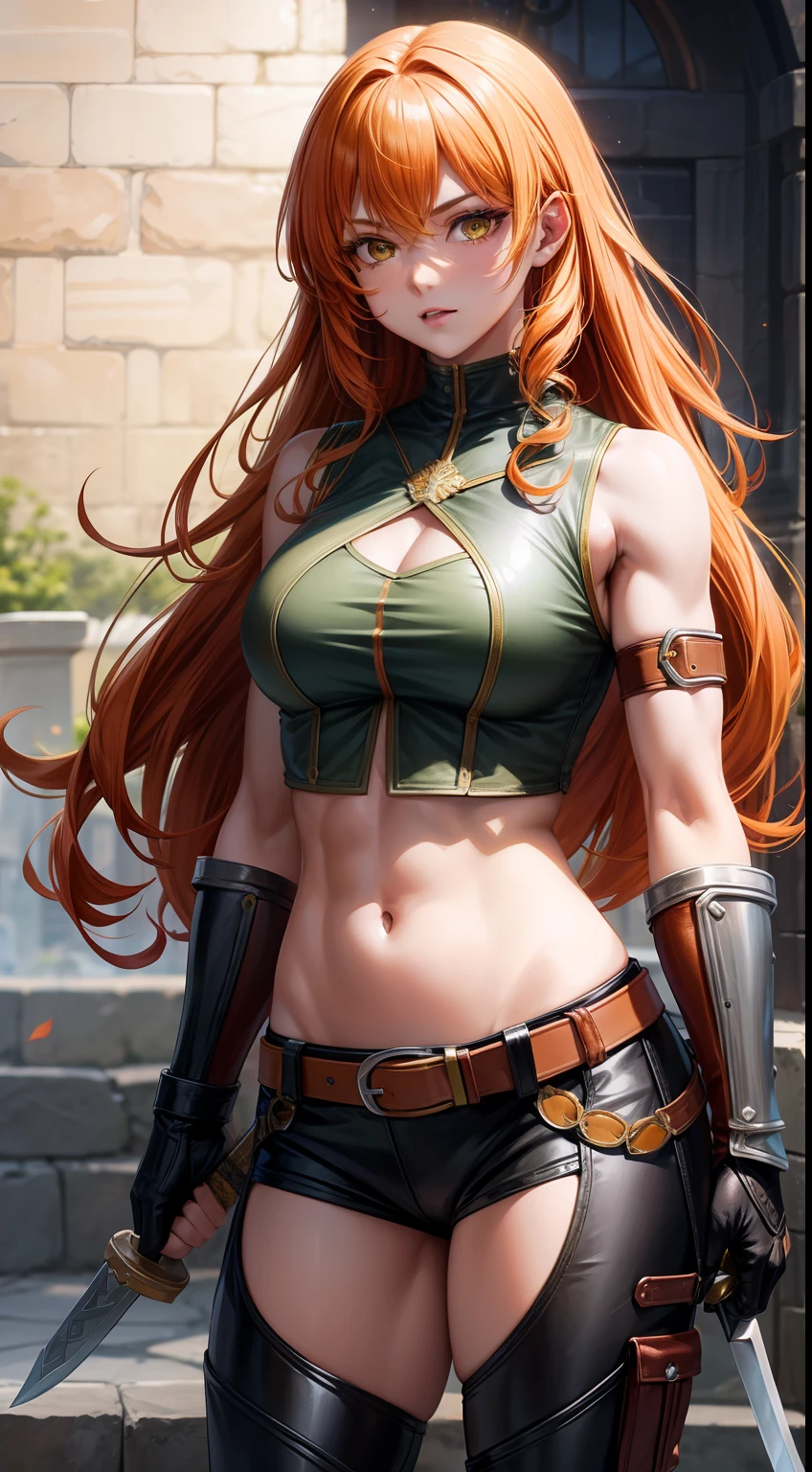 Adult girl, long curly orange hair, yellow Witcher eyes, green sleeveless top, open belly, muscles, leather armor, sword, masterpiece, high quality