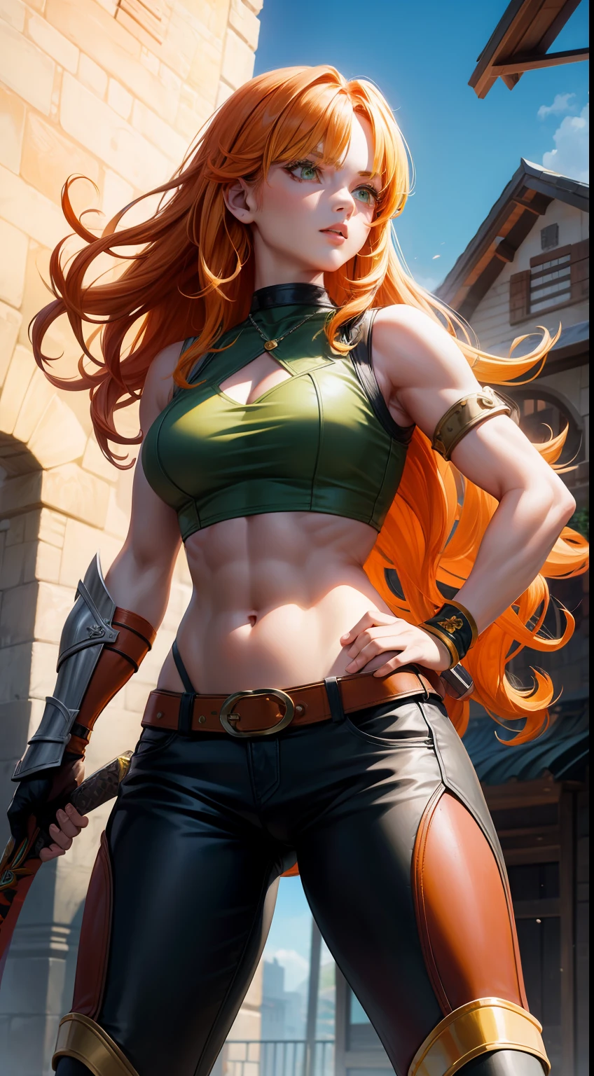 Adult girl, long curly orange hair, yellow Witcher eyes, green sleeveless top, open belly, muscles, leather armor, sword, masterpiece, high quality