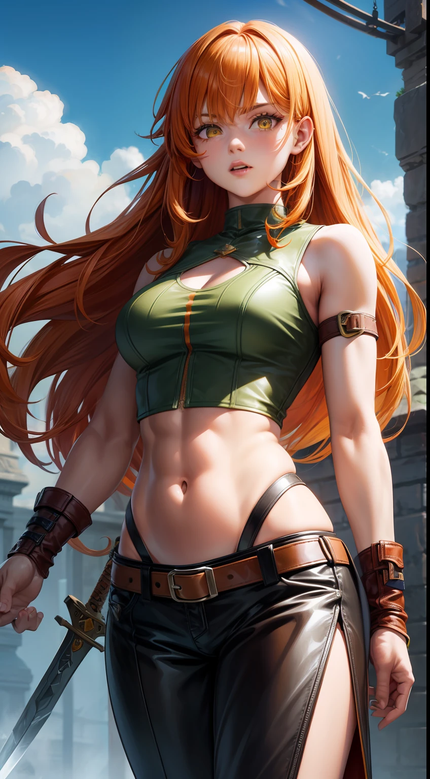 Adult girl, long curly orange hair, yellow Witcher eyes, green sleeveless top, open belly, muscles, leather armor, sword, masterpiece, high quality