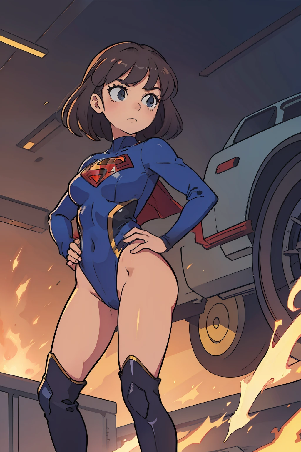 pretty woman, superhero, leotard, bare legs, knee boots, hands on hip, atom