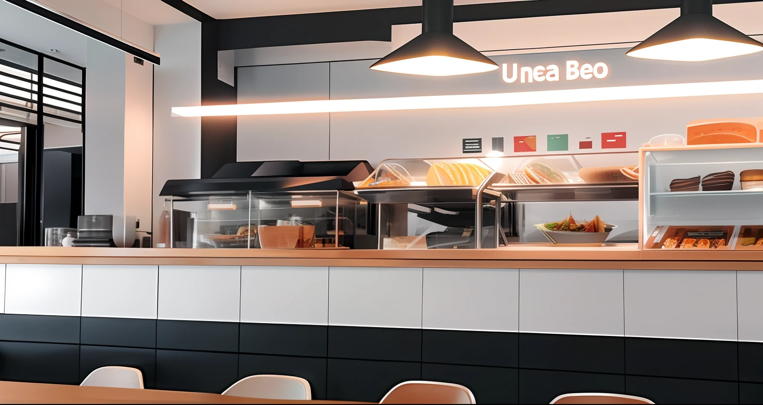 uma foto minha com um cliente satisfeito em uma cafeteria com bancos vermelho e paredes em neon