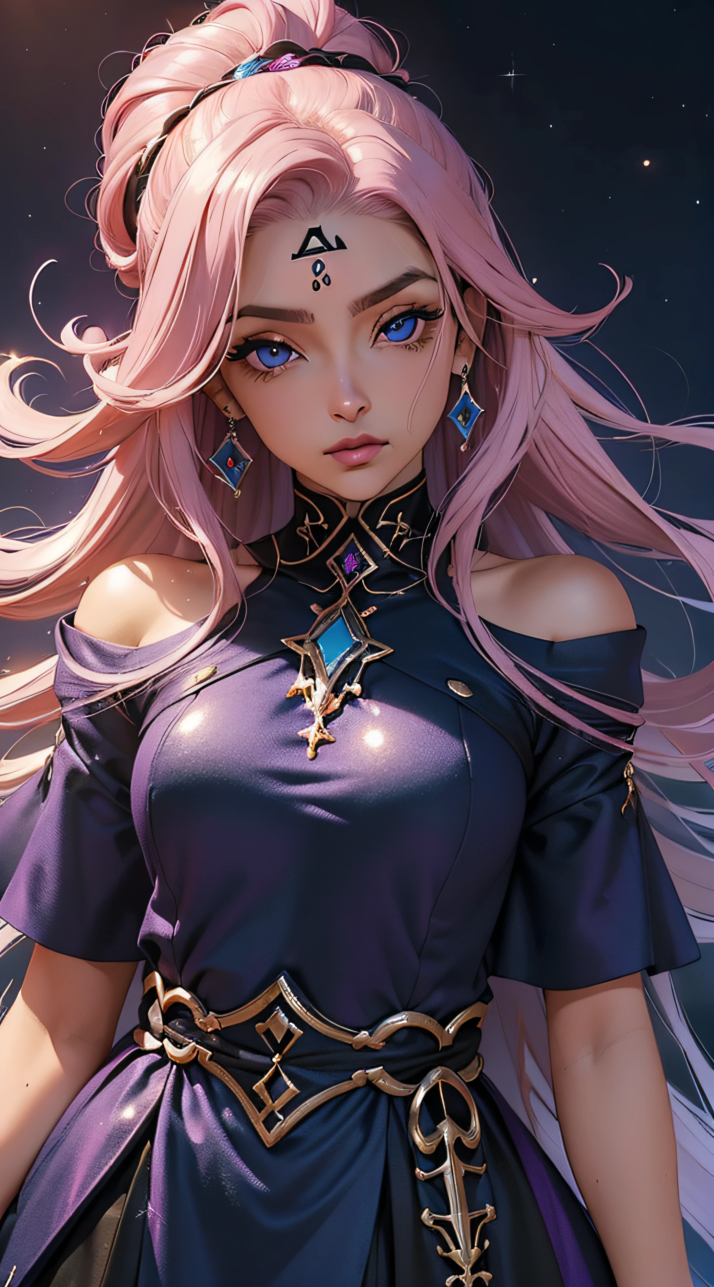 "((Cabelo rosa:1.3),(cabelo liso),(roupa preta com roxo),(olhos grandes azul meia noite perola brilhante),(pele palida),(close-up))"