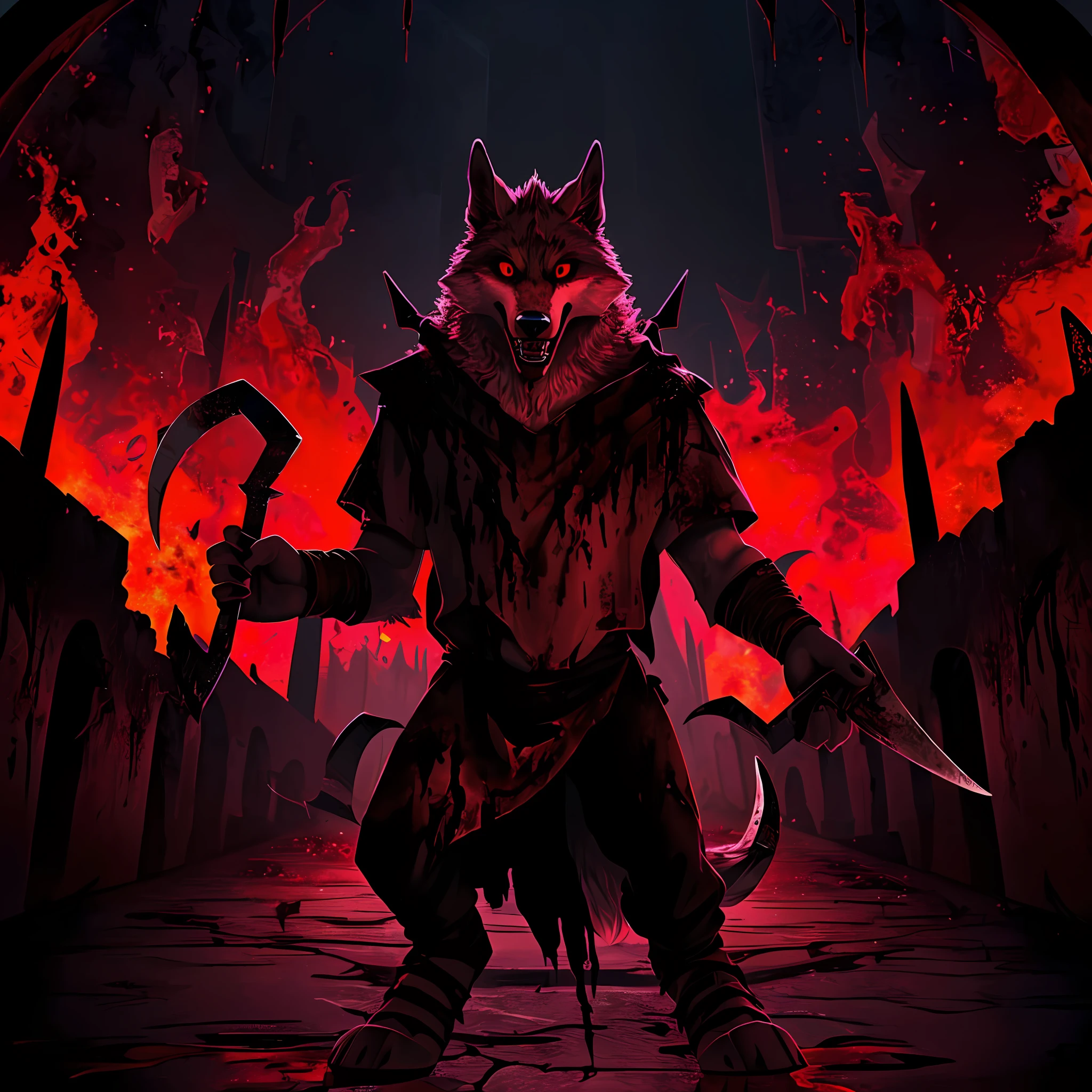 From now on the wolf of death will kill anyone who crosses his path without mercy in his hands, he is holding his blood-filled scythes to the scene of terror and with a lot of blood in the background, his clothing is full of blood from his previous victims, he is looking at the viewer with his bloody red eyes and saying something very disturbing, he said they killed wrong, for for me I do not have fun; very killing people and selling their bodies to Lucifer to me God doesn't exist this is just religion stuff and I hate it very religious now you're going to be my next victim you can run away but you won't hide hell is waiting for you