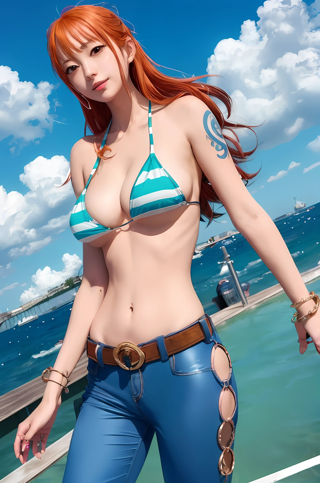 anime girl in bikini posing on a pier with a blue sky and clouds, nami from one piece, beautiful portrait of nami, nami one piece, nami, realistic bikini, from one piece, inspired by Eiichiro Oda, extremely detailed artgerm, beautiful alluring anime woman, highly detailed exquisite fanart, by Kentaro Miura, by Yoshihiko Wada