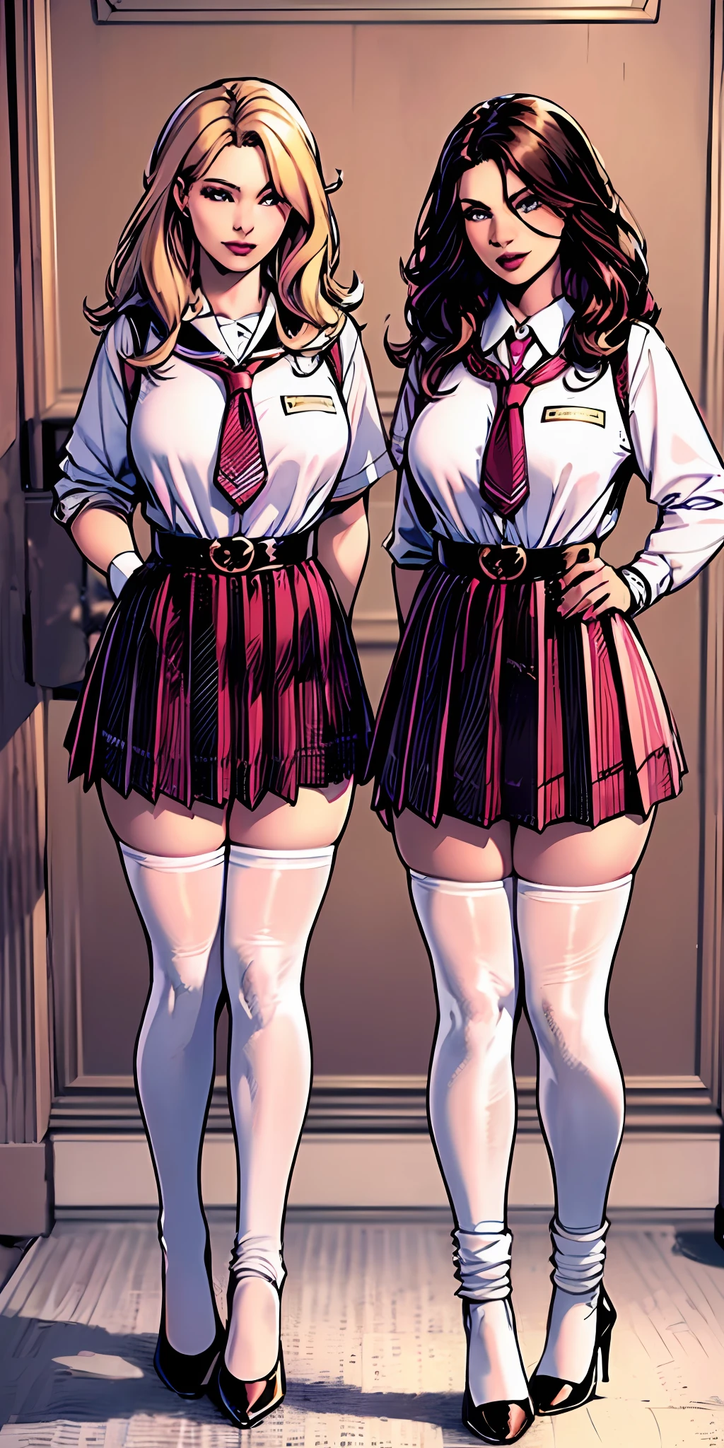 ((Masterpiece, highres)), 2girls, duo, twins, ((one brown haired girl, one blonde girl)), long hair, curly hair, matching hairstyles, different hair color, confident, elegant, rich girls, proud smiles, matching faces, hazel eyes, same size busts, (((matching outfits, identical outfits, pink school uniforms, sexy school uniforms, white thighhighs, long white socks, black high heels))), standing at attention, shoulder to shoulder, same pose, mansion