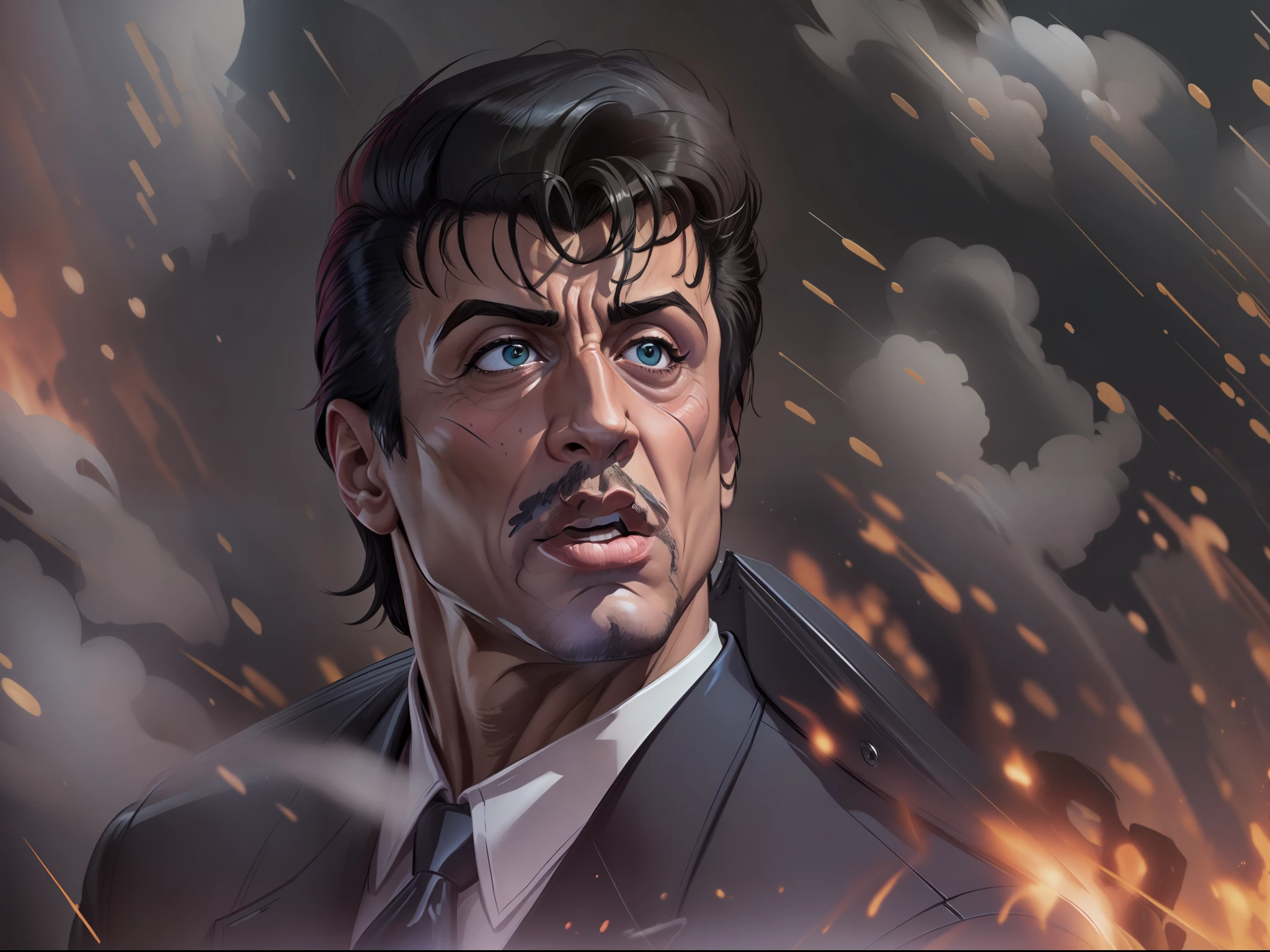 Sylvester Stallone, graves, s office, best quality, Retrato estilizado Cartunesco, (hiperdetalhe:1.15), (luz suave, perspicacity:1.2), action pose, action shot, (delirium), desespero, Explosions,