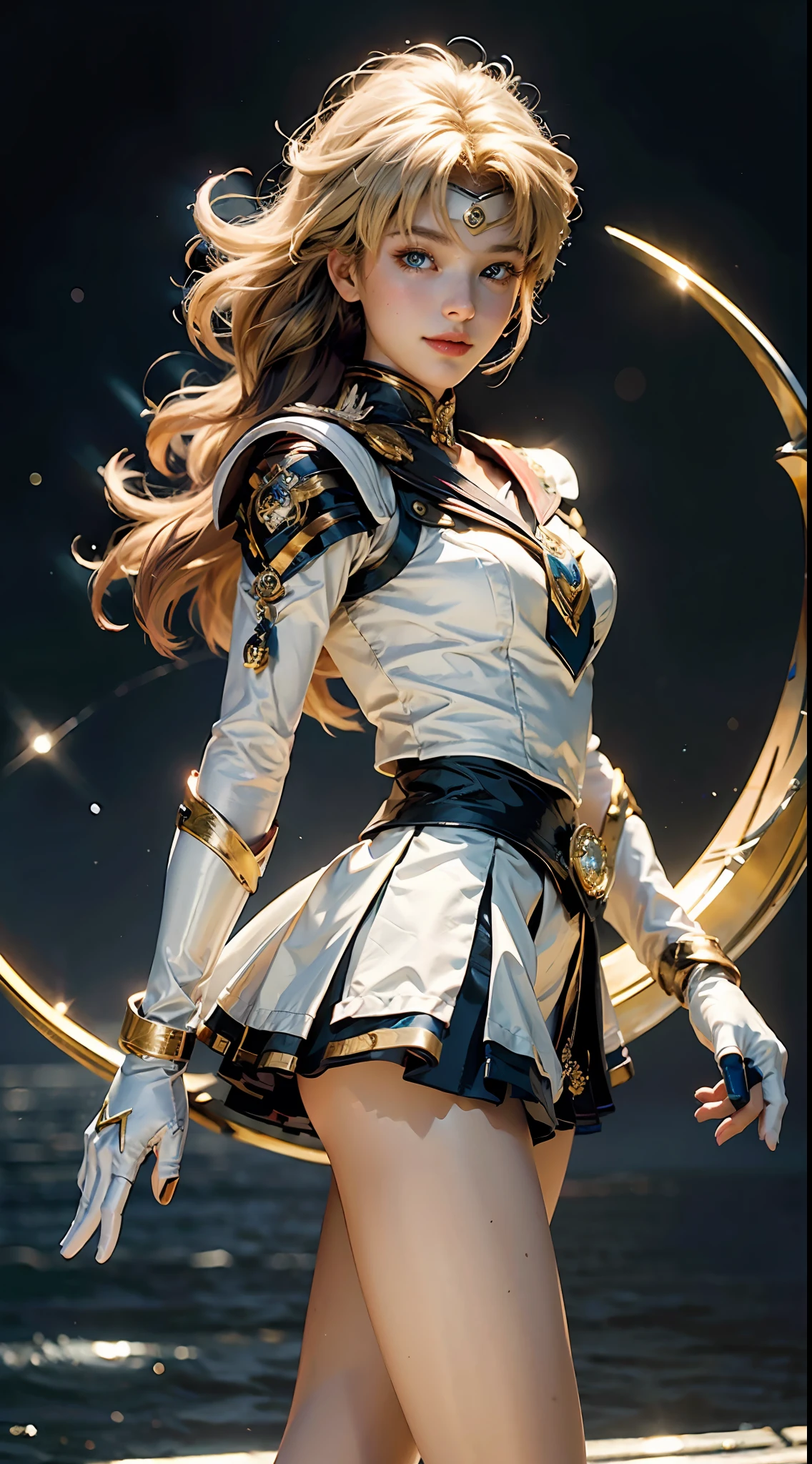 (Extreme detail CG Unity 8K wallpaper, masterpiece, highest quality), (exquisite lighting and shadow, highly dramatic picture, cinematic lens effect), (Sailor Moon: 1.1), charming smile, double tail, blue eyes, blond hair, tight top, white gloves, mini skirt, dynamic pose), the background is the universe (excellent detail, excellent lighting, wide angle), (excellent rendering, enough to stand out in its class),