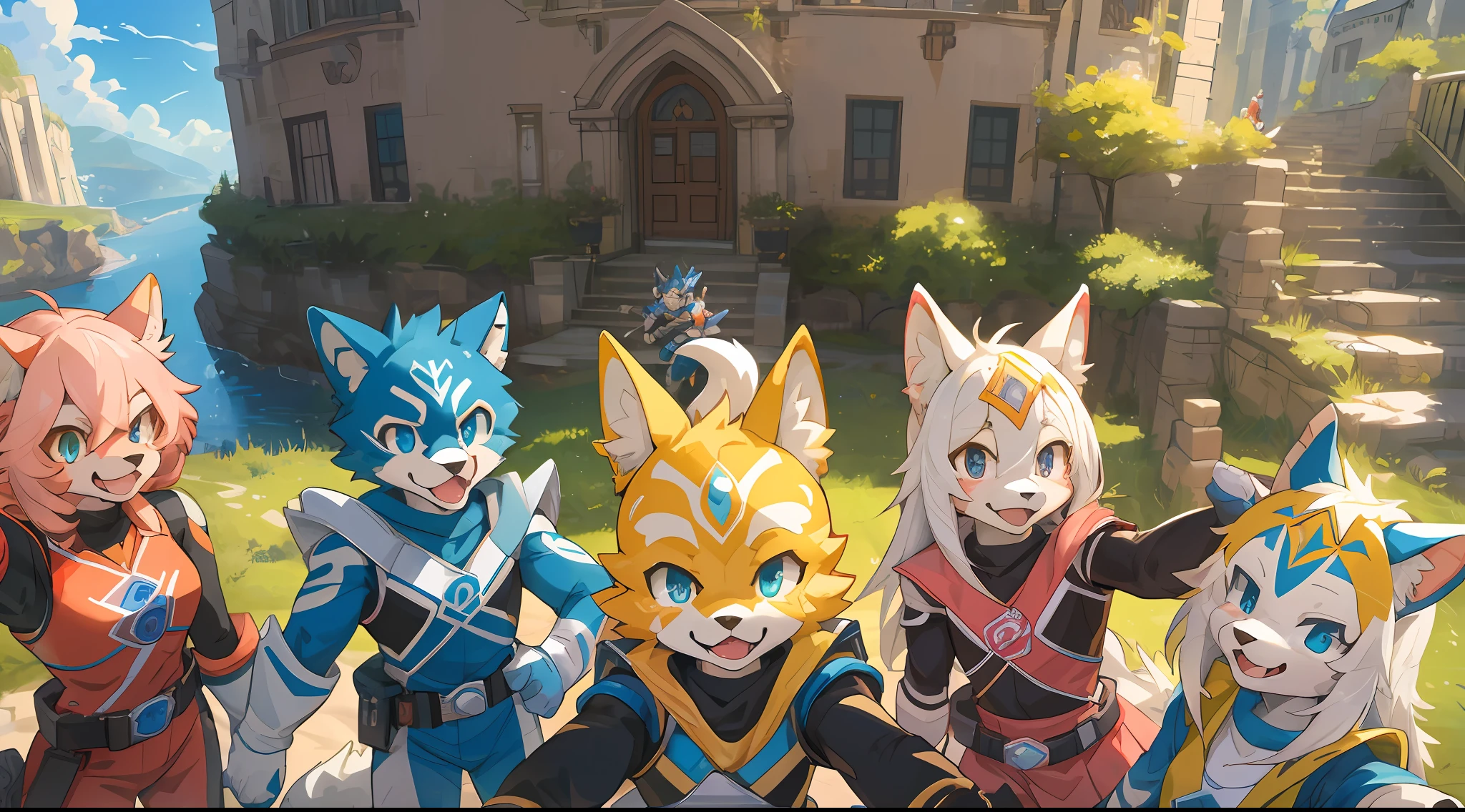 top quality, best quality, High-quality illustrations, masterpiece, super high resolution, detailed background, detailed background, Power Rangers, group shot:0.5, 6+boys, 6+girls, Happy, joyful, absurdres(highly detailed beautiful face and eyes)perfect anatomy(kemono, furry anthro)selfie:0.2,