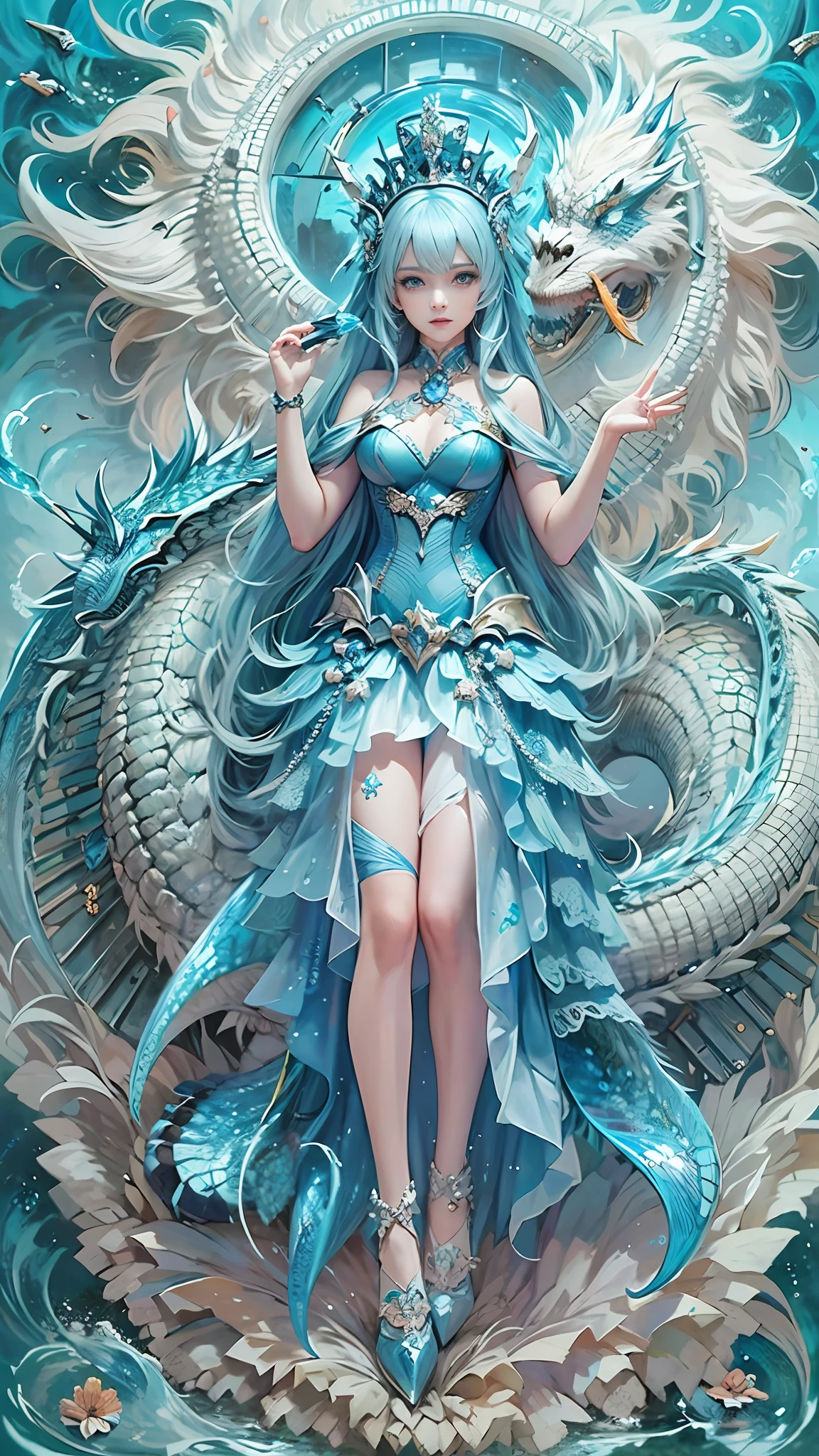 full body,a queen,blue crystal,a blue dragon is behind in her,fantacy,hyperrealistic anime,Quilted paper art,Glass Art,(best quality,Extreme detail:1.5),8k