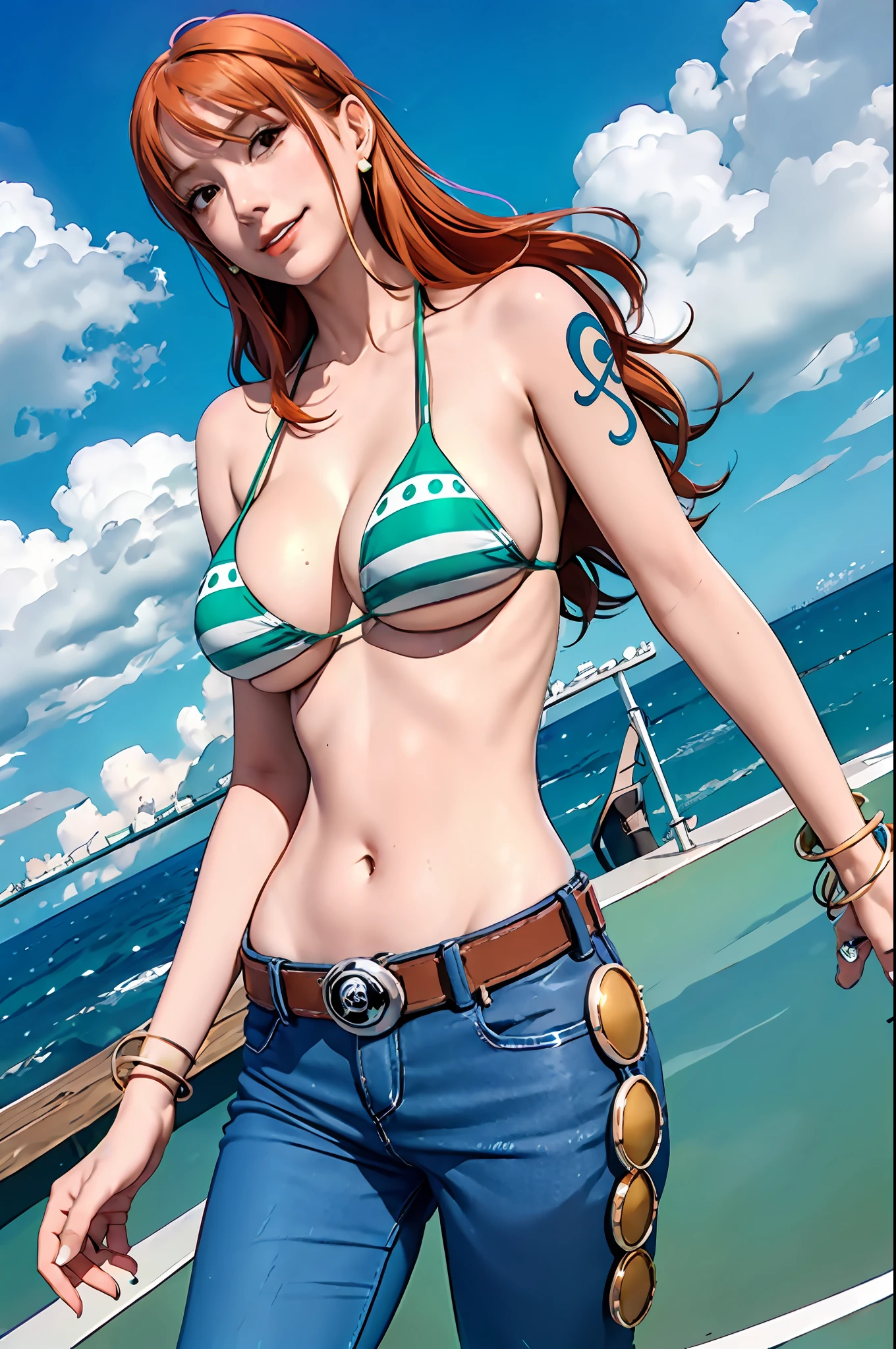 nami \(one piece\),
1girl, bangle, bangs, bare shoulders, belt, bikini, bikini top only, blue sky, bracelet, breasts, brown eyes, bubble, cleavage, cloud, cowboy shot, day, denim, earrings, floating hair, green belt, green bikini, jeans, jewelry, large breasts, log pose, long hair, looking at viewer, navel, orange hair, pants, shoulder tattoo, sidelocks, sky, smile, solo, standing, swimsuit, tattoo
, ((masterpiece))