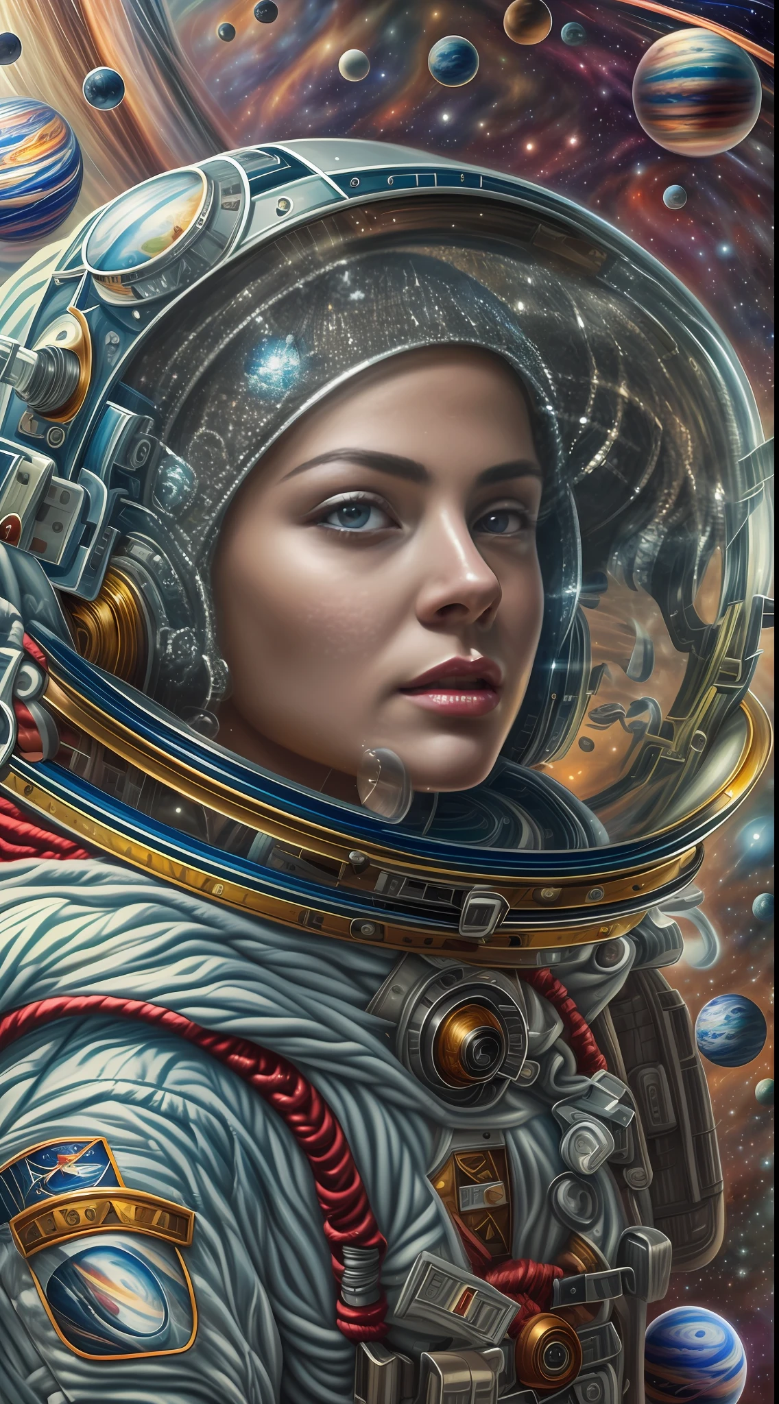 ((masterpiece)), (bestquality)), 10, high-detail, hyper-detail, The painting depicts a scene of breathtakingly magnificent spatial images.. The picture shows a young woman wearing a space suit., Look at the glowing planets in space.  surreal , mystery. The scenes are very detailed and exceptionally sharp., Capture every intricate detail of a panorama.