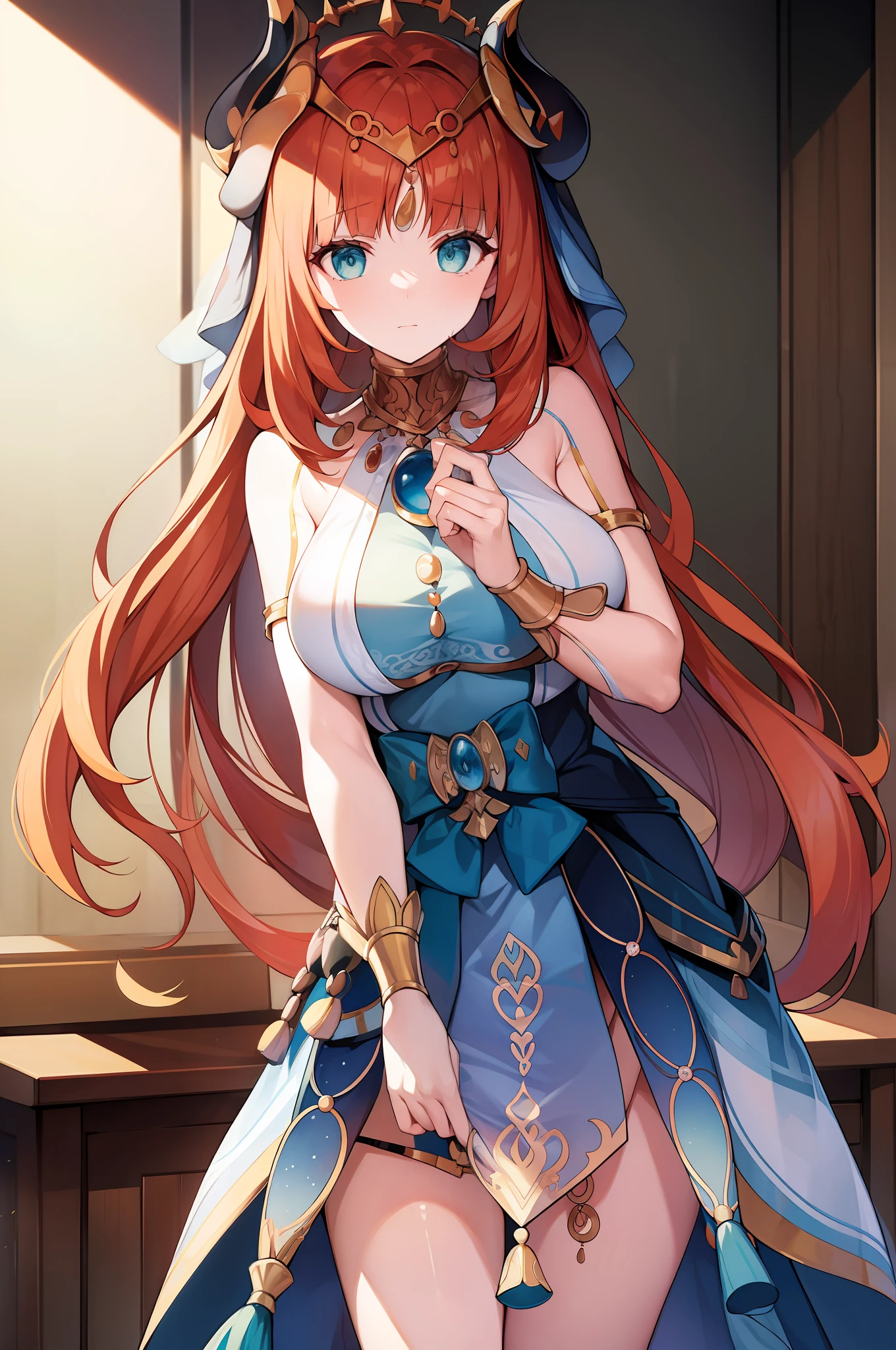 (Masterpiece), Best quality, yeux expressifs, visage parfait,Session W, w assis par terre, bras entre les jambes, les deux bras entre les jambes, anime character,Impact de Genshin,femme,Nilou (Impact de Genshin),grosse poitrine, bonne poitrine,mains entre les jambes, H-cup, grosses cuisses