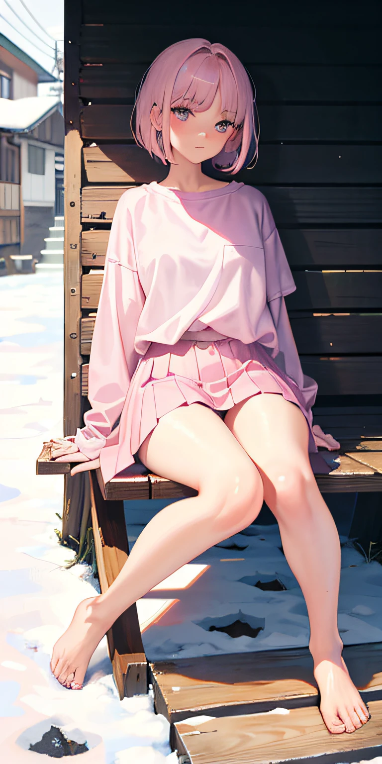 18 years old girls,tmasterpiece,Shy face,Bob Head,Light pink shirt,No bra,did not wear panties,The lower body is naked,Bare legged,Barefoot,Sit on a wooden bench,Snow-whiteskin,overcast day,with pink hair,a pink eyes,thick thight