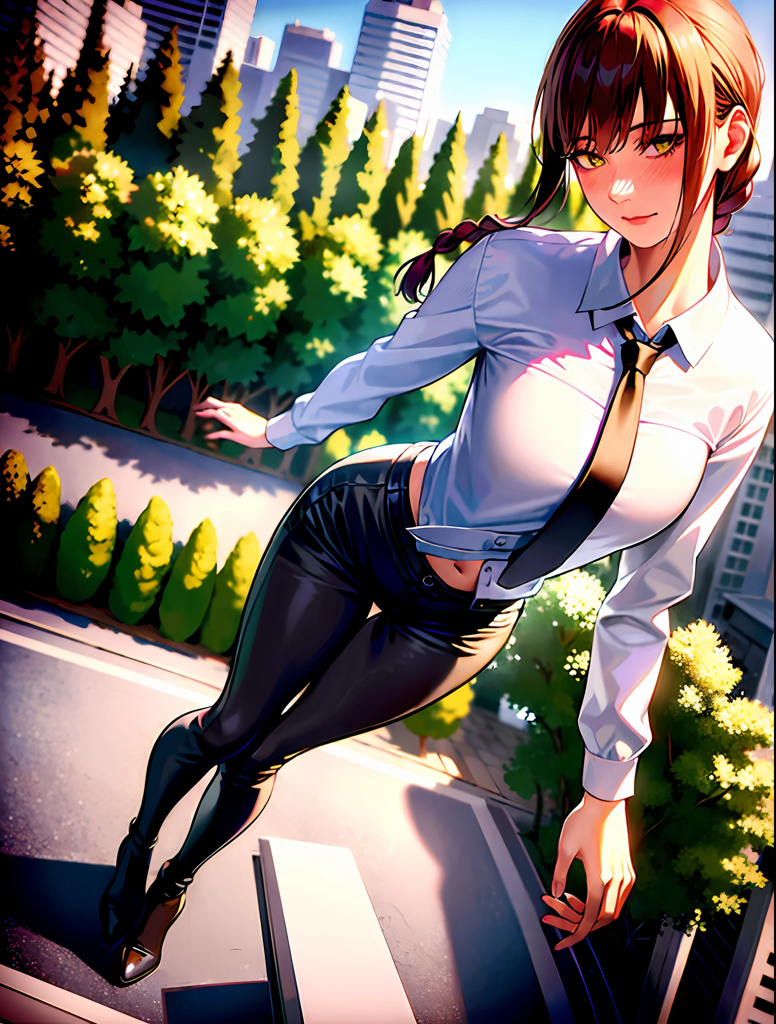 detailed shiny skin, (realistic, photo-realistic:1.4), a pretty girl, standing, looking out of window, white shirt, collared shirt, black necktie, black trousers, long sleeves, slight smile (nose blush), yellow eyes + ringed eyes, short hair + red hair + long braided hair, makima \(chainsaw man\)