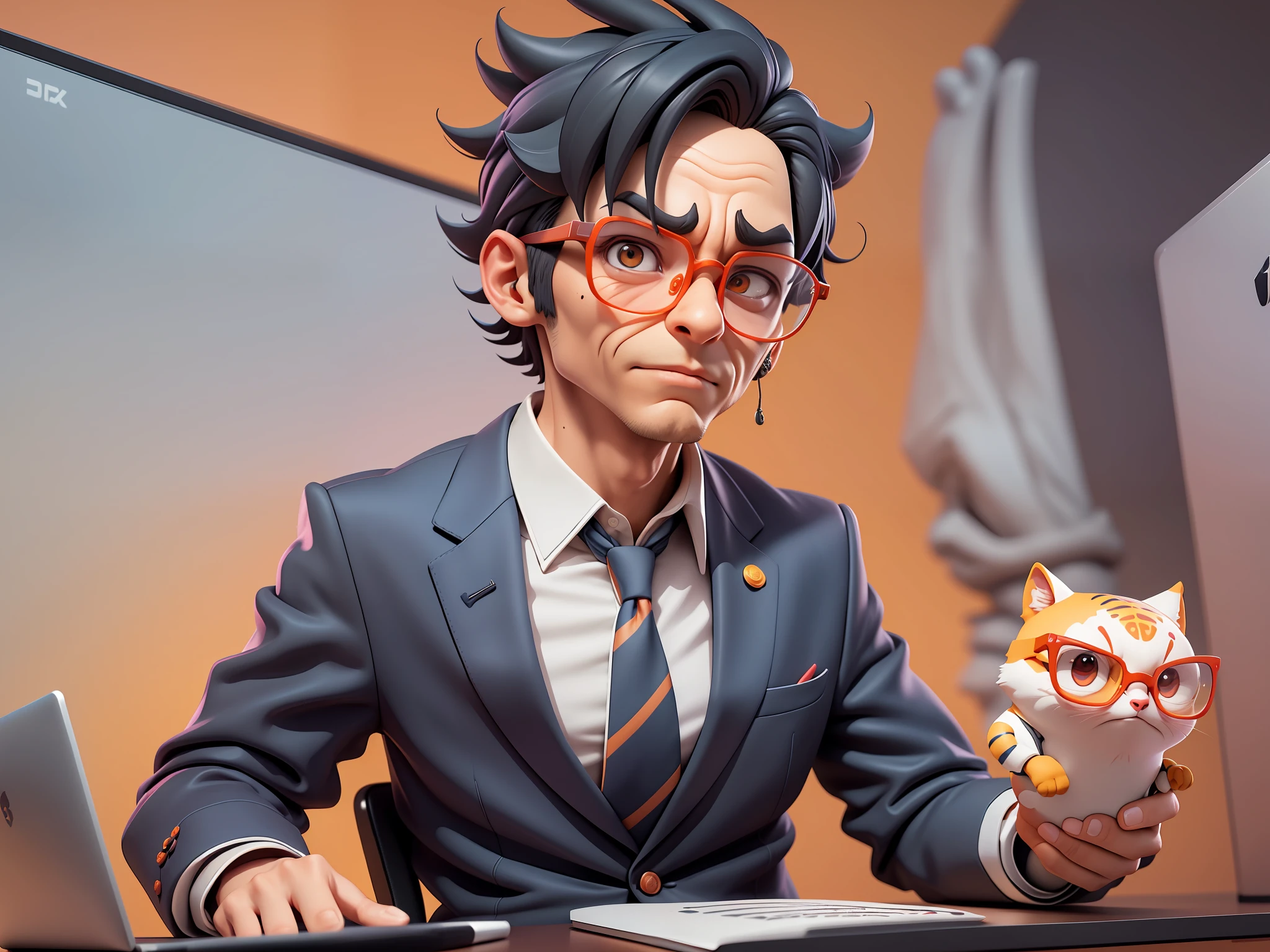 A young man in a suit, Short hair and glasses sat at his desk，holding laptop，digitial painting，tigre，3D character design by Mark Clairen and Pixar and Hayao Miyazaki and Akira Toriyama，4K HD illustration，Very detailed facial features and cartoon-style visuals。