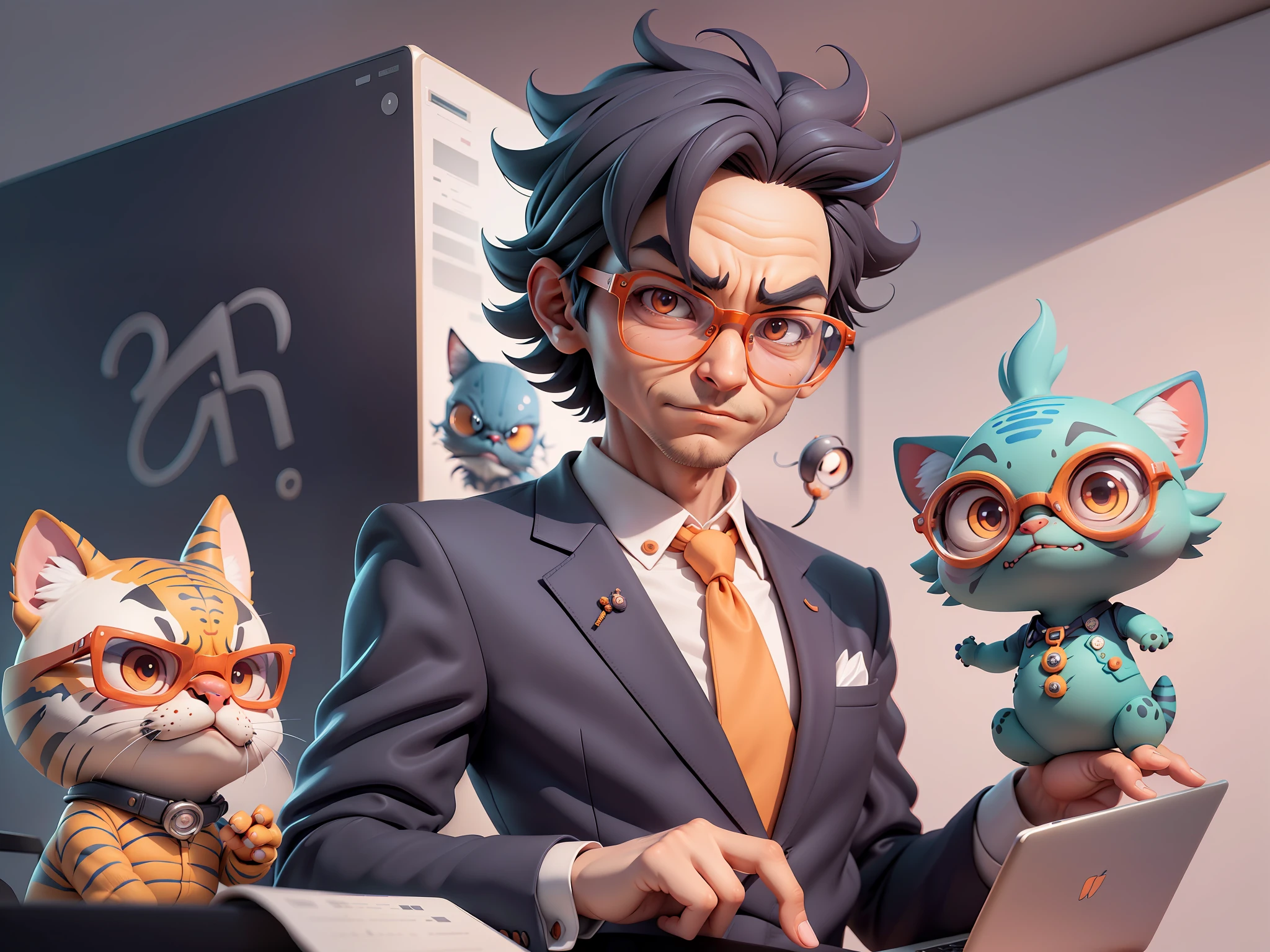 A young man in a suit, Short hair and glasses sat at his desk,holding laptop,digitial painting,tigre,3D character design by Mark Clairen and Pixar and Hayao Miyazaki and Akira Toriyama,4K HD illustration,Very detailed facial features and cartoon-style visuals。