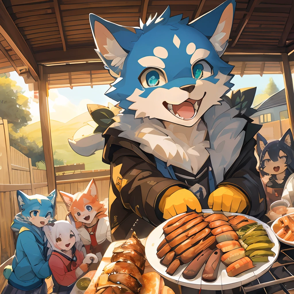 top quality, best quality, High-quality illustrations, masterpiece, super high resolution, detailed background, detailed background, BBQ, group shot:0.5, 6+boys, 6+girls, Happy, joyful, absurdres(highly detailed beautiful face and eyes)perfect ???????(kemono, furry anthro)selfie:0.2,