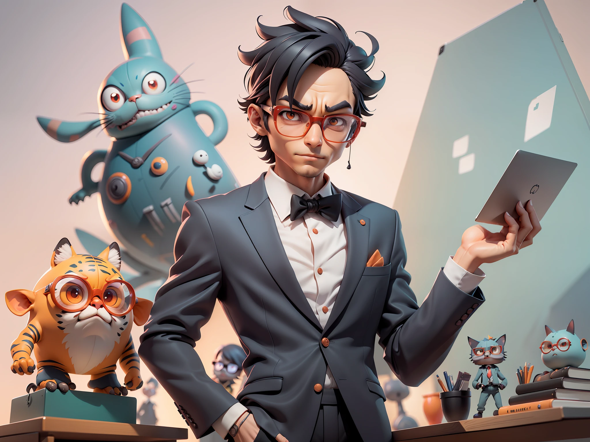 A young man in a suit, Short hair and glasses sat at his desk,holding laptop,digitial painting,tigre,3D character design by Mark Clairen and Pixar and Hayao Miyazaki and Akira Toriyama,4K HD illustration,Very detailed facial features and cartoon-style visuals。