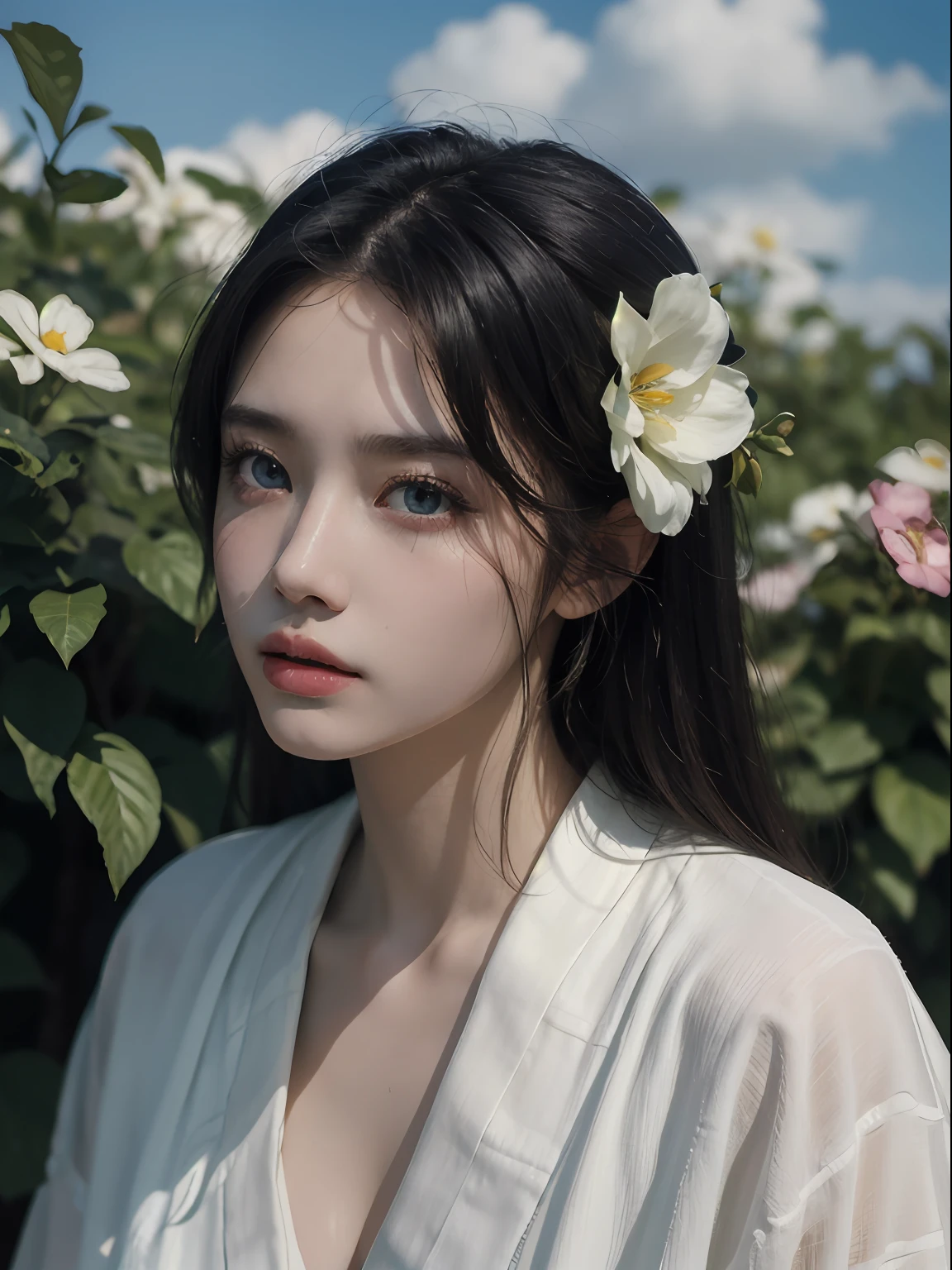 styled: Pure+ultra-realistic realism, Fair skin texture, Bright eyes, lightand shade contrast, high textured, ultra HD picture quality, High nose, dynamic angle, Light tracing, Realism, offcial art, Unity 8k壁纸, Ultra detailed paintings, A masterpiece of beauty, best qualityer, Glows skin, movie level lighting, Side Body,full bodyesbian, setting in nature, Hanfu,Surrounded by flowers,with blue sky and white clouds