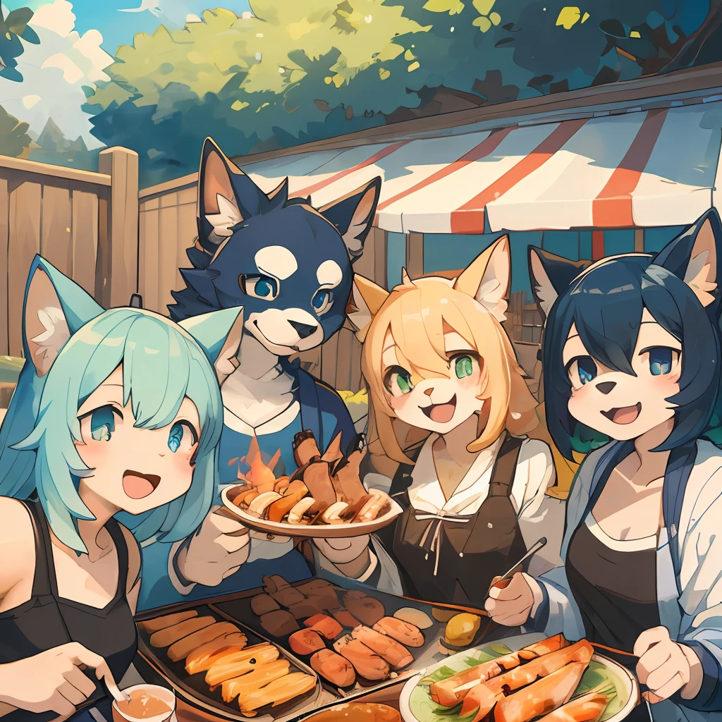 top quality, best quality, High-quality illustrations, masterpiece, super high resolution, detailed background, detailed background, BBQ, group shot:0.5, 6+boys, 6+girls, Happy, joyful, absurdres(highly detailed beautiful face and eyes)perfect anatomy(kemono, furry anthro)selfie:0.2,