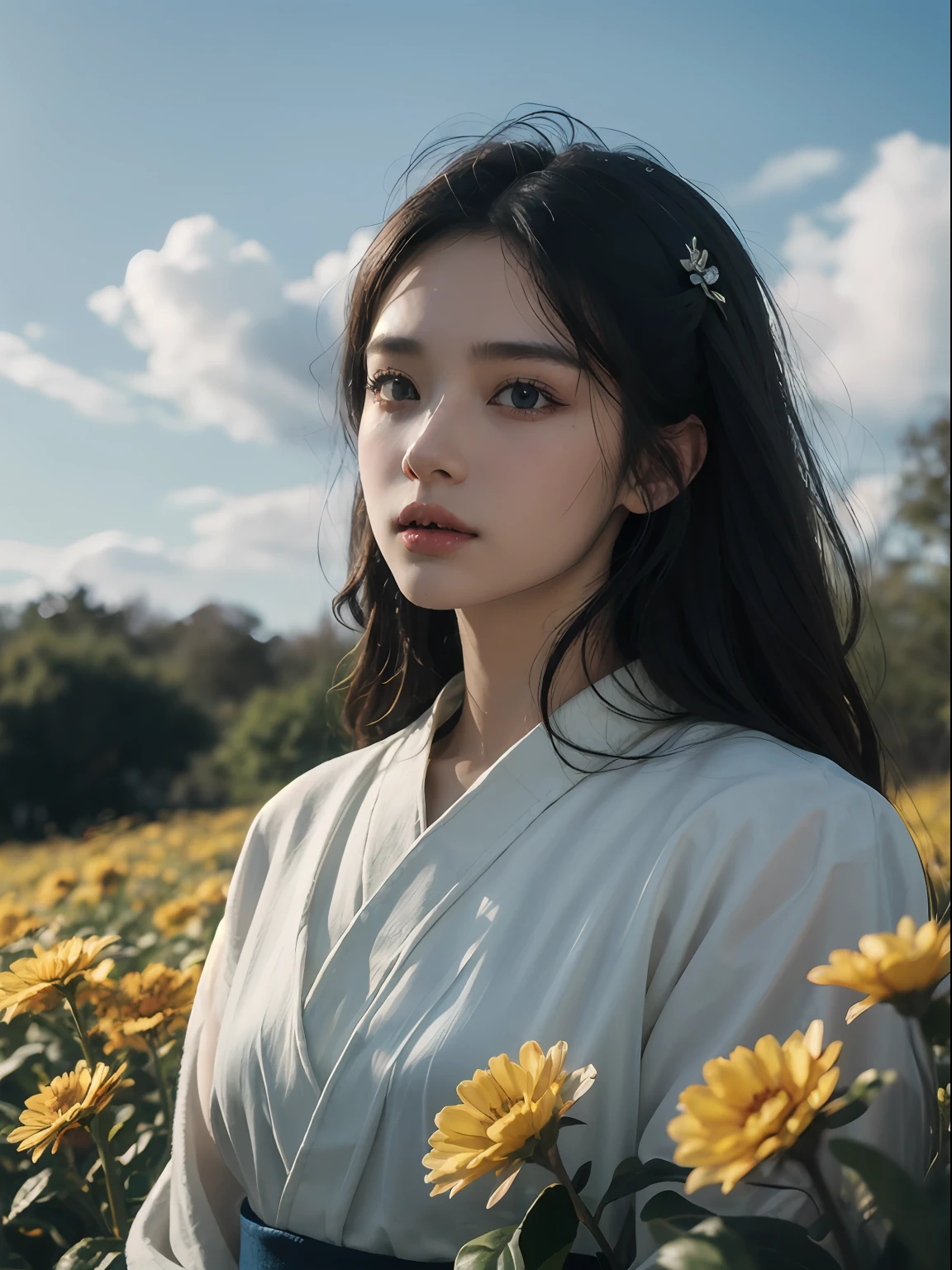 styled: Pure+ultra-realistic realism, Fair skin texture, Bright eyes, lightand shade contrast, high textured, ultra HD picture quality, High nose, dynamic angle, Light tracing, Realism, offcial art, Unity 8k壁纸, Ultra detailed paintings, A masterpiece of beauty, best qualityer, Glows skin, movie level lighting, Side Body，full bodyesbian, setting in nature, Hanfu，Surrounded by flowers，with blue sky and white clouds