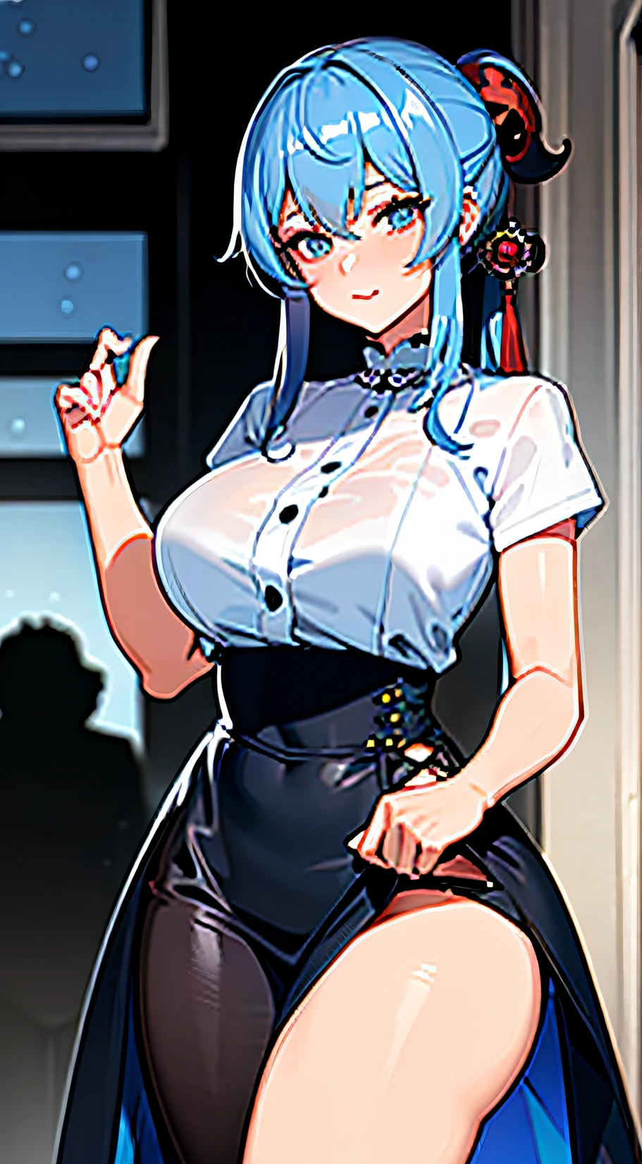 ((masterpiece)),(best quality),(detailed),(1girl), Blue hair,  updo, white  shirt, Black dress, looks down on a viewer，Genshin Ganyu，Raised sexy