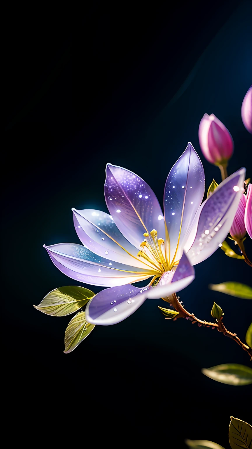 branch of delicate lilac flowers, super transparent, holy light, beautiful spectral light, petals glow, flashing, dark background, drops of transparent light, reflective light, bright, light streaming in, optics, portrait profile, sharp focus, magical, intricate, ultra realistic, fantasy, composition, light, trend on artstation, pearl, patronus cloud of silvery vapor, corrosive enveloping ray family, 8k, ureal ar 23v4 uplight