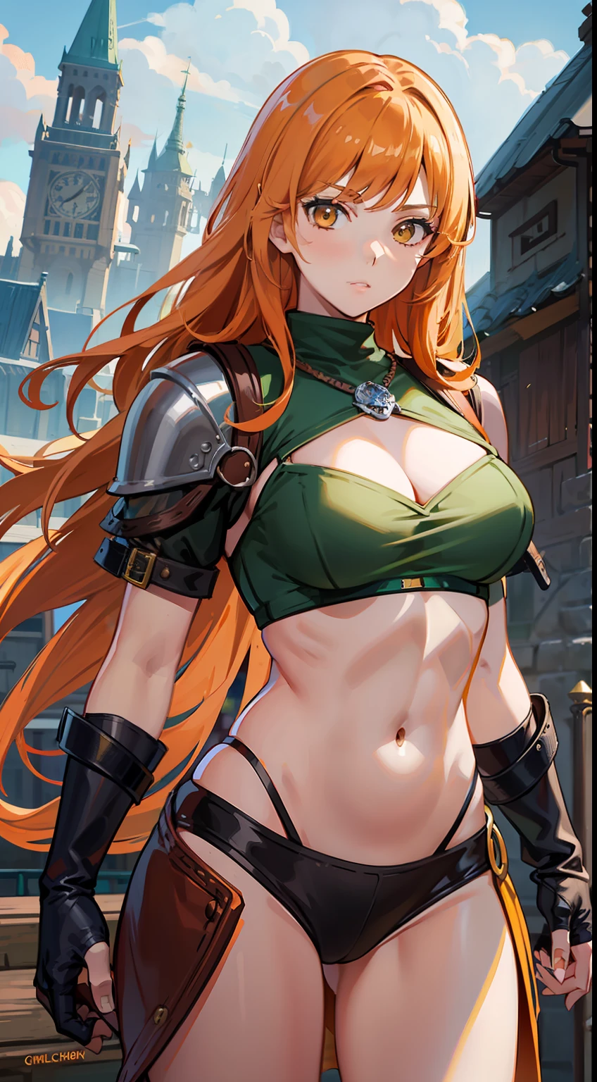 adult girl, long curly orange hair, The Witcher's Yellow Eyes, Green sleeveless top, open belly, musculature, leather armour, sword, Masterpiece, hiquality