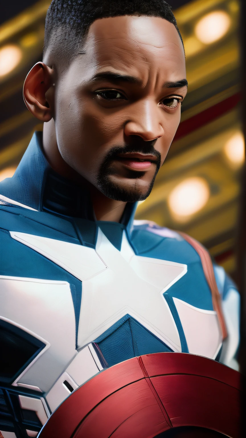 . .Tarantino style Will Smith as Captain America 8k, high definition, detailed face, detailed face, detailed eyes, detailed suit, in style of marvel and dc, hyper-realistic, + cinematic shot + dynamic composition, incredibly detailed, sharpen, details + superb details + evening with light + perfectionism + award winning realism ((moody lighting))