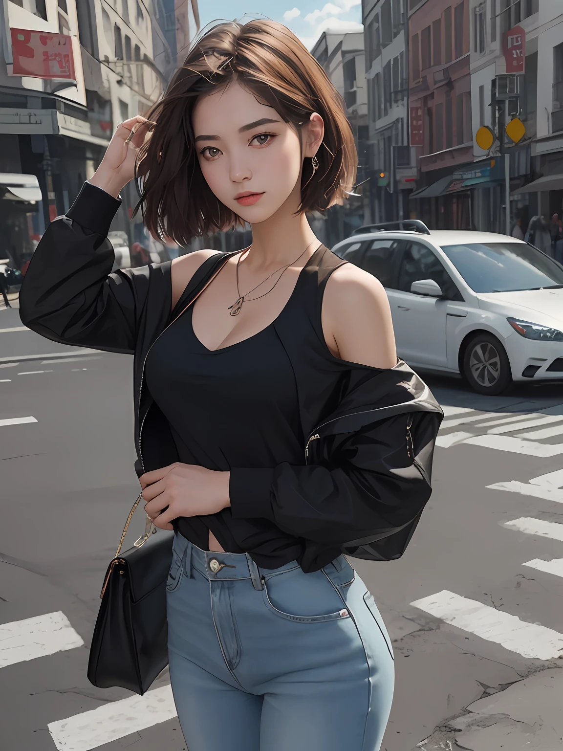 offcial art，Short hair girl，The style of the clothes is black，Skinny dark jeans，Short hair to the shoulders，The ends of the hair are dyed orange，is in night，Overall dark black tone，8k 壁纸，Beauty and aesthetics，tmasterpiece，Best quality at best，Static angle，Raised sexy，Fauvistdesign，atmospurate，Wait on a motorcycle，Riding a black motorcycle，There is a pink bear on the back of the motorcycle，The girl holds a helmet in her hand，Waiting