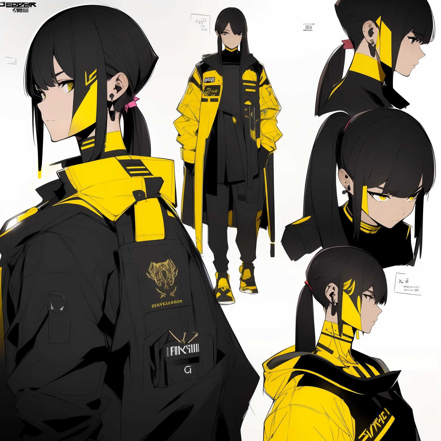 Yellow theme，Masterpiece,Best quality,offcial art,Extremely detailed Cg Unity 8K wallpaper,1girll, joy, Anger and sadness on various expressions，Single ponytail hairstyle，Glowing fist，Mechanical headphones，（（（Yellow combat uniform））），a black cloak，Hand-held laser metal weapons，White hair，character  design，Zhuzeshegi，Sketch line drawing,