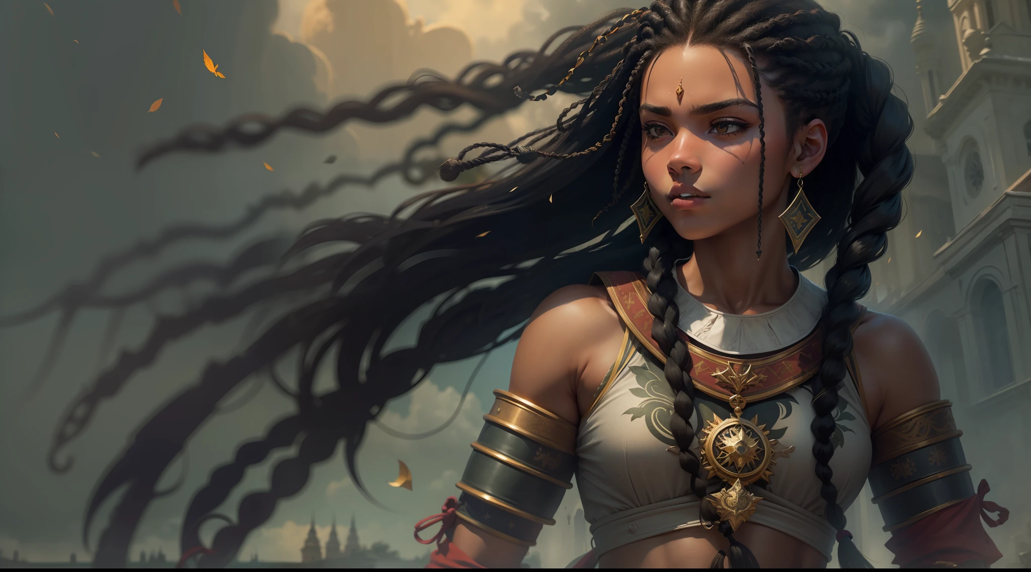 Uma jovem menina de 16 anos guerreira com longos cabelos pretos sentada em um mosteiro: Em um mosteiro sereno aninhado em meio a montanhas imponentes, There's a young warrior with fluttering ebony braids that fall like a river of darkness down her back. His delicate features are adorned with a determined expression, mas suave, reminiscent of the inner strength that resides within him. Disguised in the tranquility of his surroundings