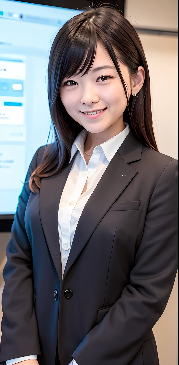 Masterpiece, 1 Beautiful Girl, Detailed, Swollen Eyes, Top Quality, Ultra High Resolution, (Reality: 1.4), Original Photo, 1Girl, Cinematic Lighting, Smiling, Japanese, imagine 27yo business woman is enthusiastically making a presentation in the front of large digital display in the digital office in Tokyo. Her beautiful and cute face. viewer looking, fine detail, detailed face, pureerosfaceace_v1, smiling, 46 point slanted bangs, looking straight ahead, neat clothes, dark colored eyes, body facing front,