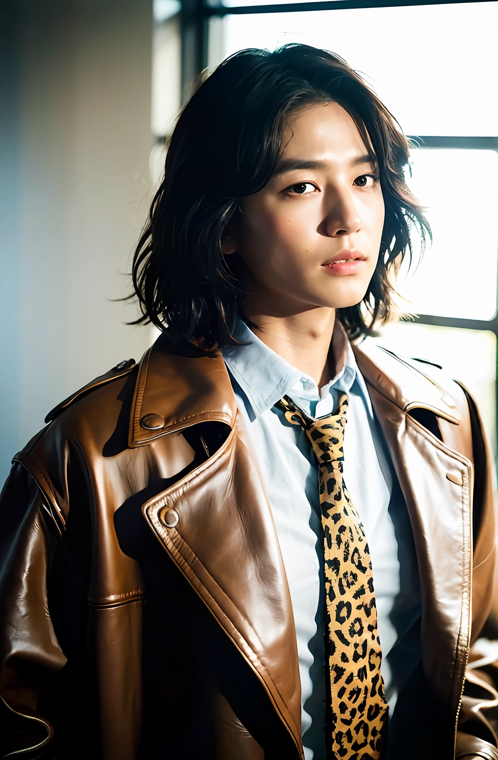 ( (8K:1.3), Man,Man photo,Best quality, Masterpiece, 超高分辨率:1.2) ,The silhouette combines the images of Japanese actors Lion Boy Nakamura and Tadanobu Asano as a reference,The character's facial contours are three-dimensional,The image design is complex and wild, fantasy, Hair is curly and delicate,(Gradient lighting), 1 man, Rough skin, Look ahead, Eye smoke,Grow a beard,eyes long, (Photorealistic:1.4), (Best quality:1.0), (超高分辨率:1.0), 8K, RAW photo, (Masterpiece:0.2), (PureErosFace_V1:0.5),,Feral male image, Leather coat,leopard print shirt,Fancy tie,The waist is decorated with a leather rope, The scene is in the operating room, Seductive eyes and movements,mystical ambiance,Facial features are three-dimensional,Hair is scattered and layered,Lights illuminate the character from left to right,sun light